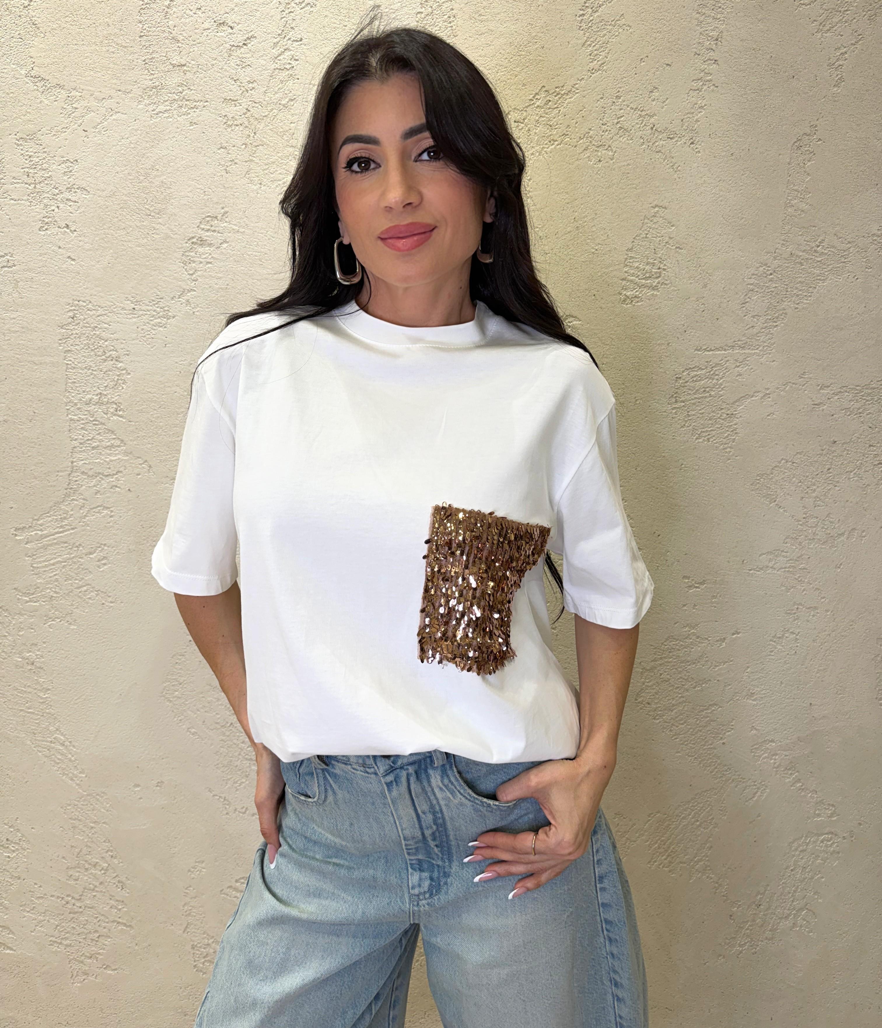 t-shirt con tasca pailettes PE260180 BIANCO/BRONZO TENSIONE IN