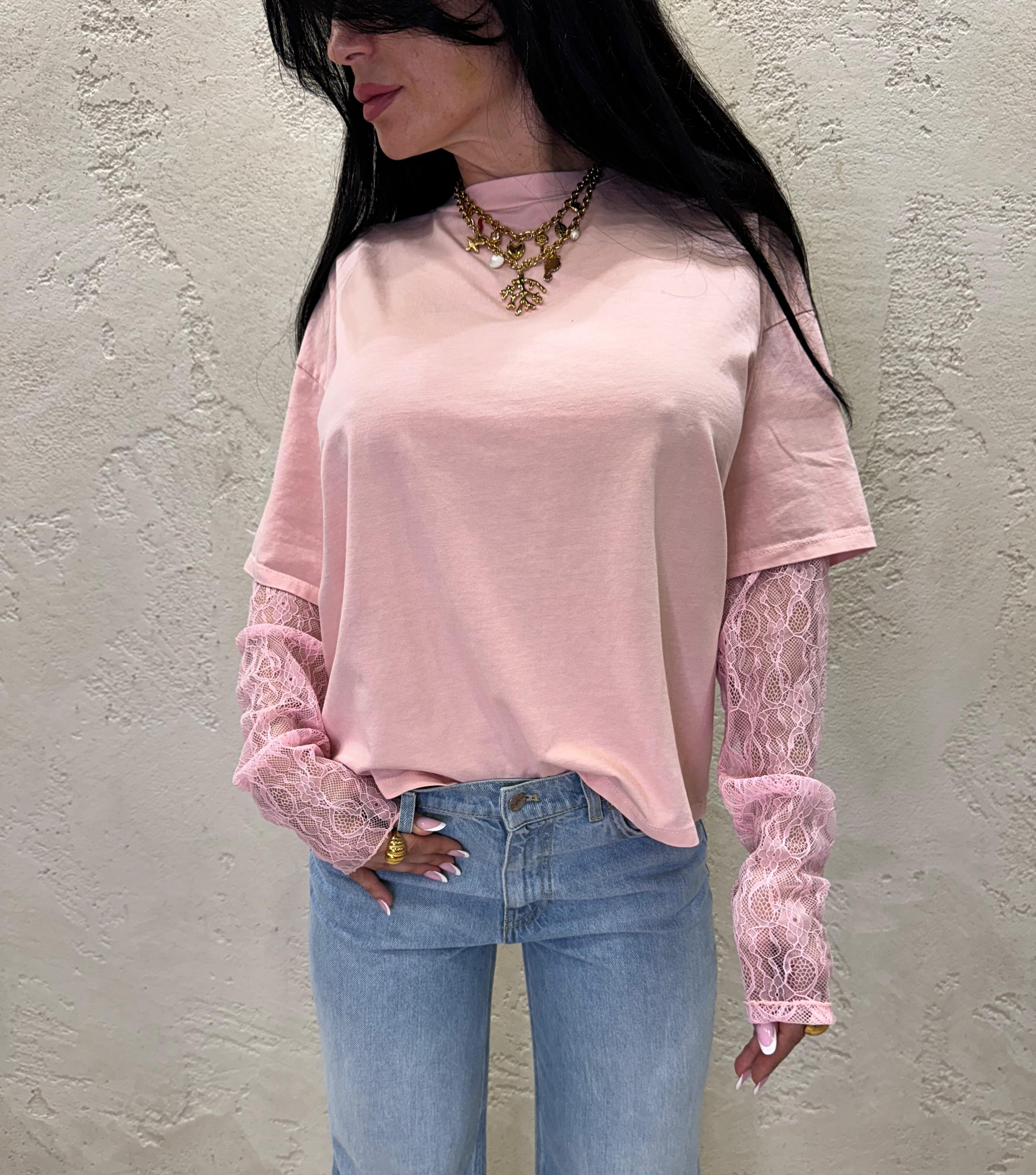 t-shirt con maniche in pizzo 11073 ROSA SUSY MIX