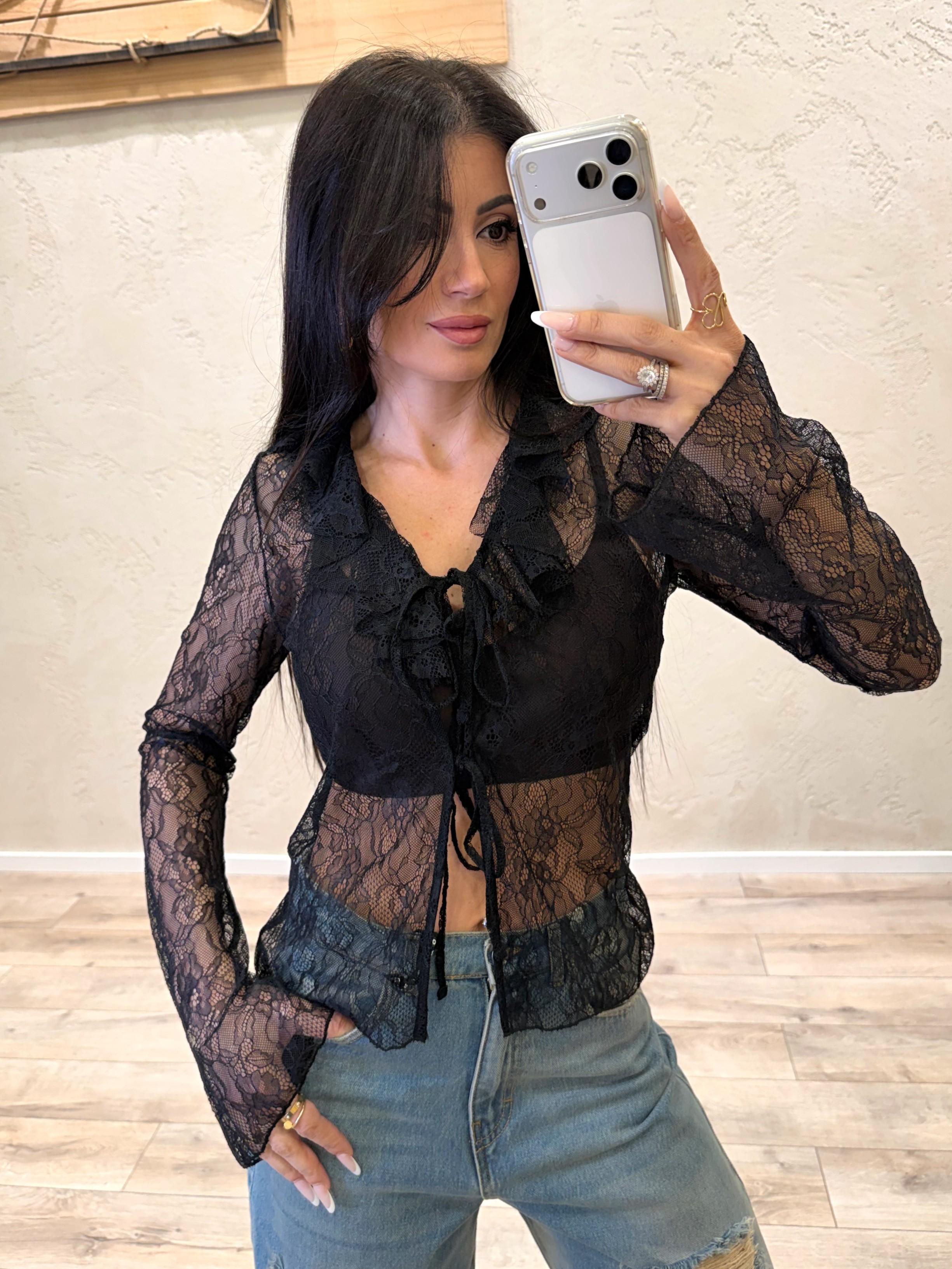 blusa in pizzo con rouges e lacci frontali TAB1521 NERO VICOLO