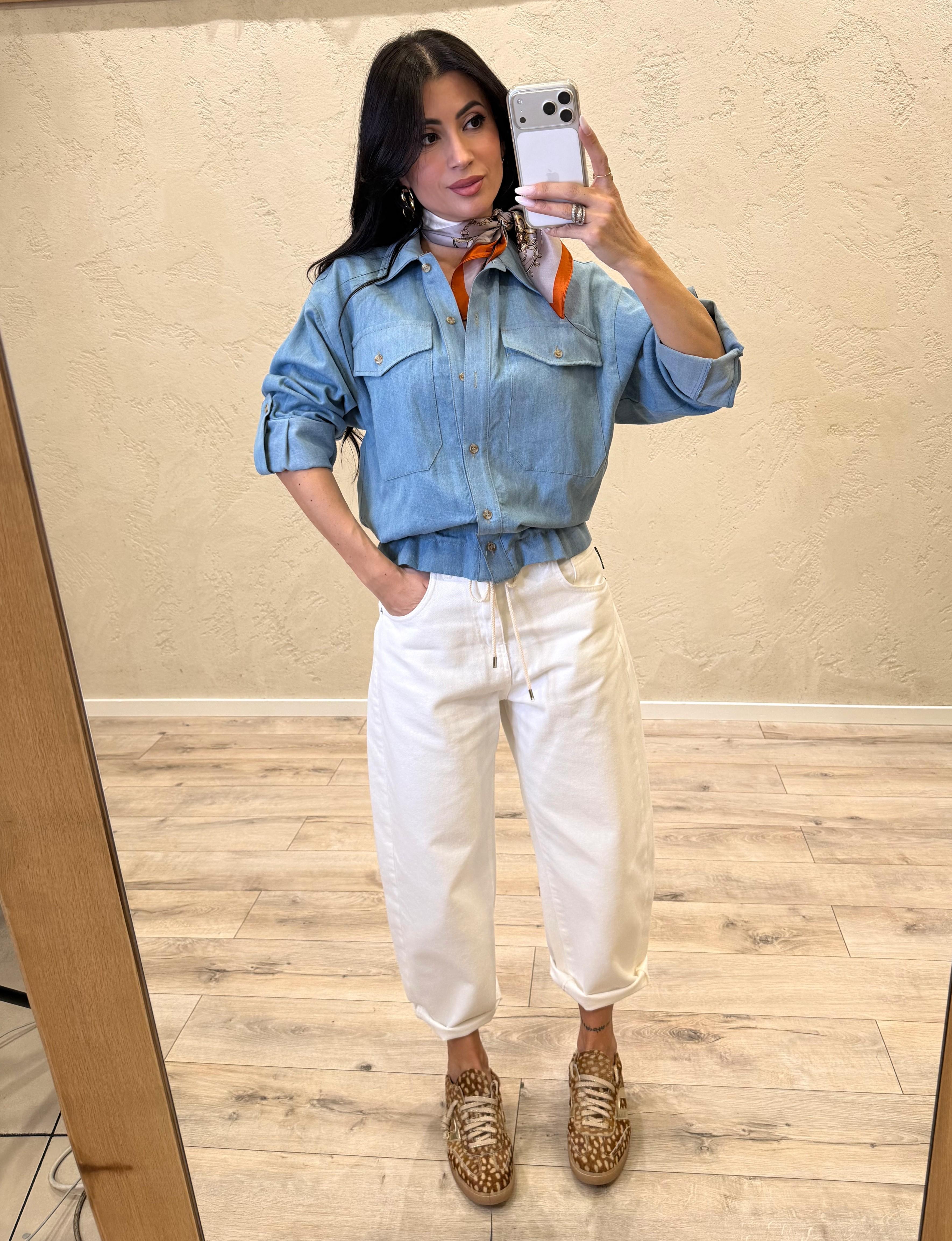 camicia in chambray con coulisse in corda sul fondo C9990096 AZZURRO DENIM IMPERIAL