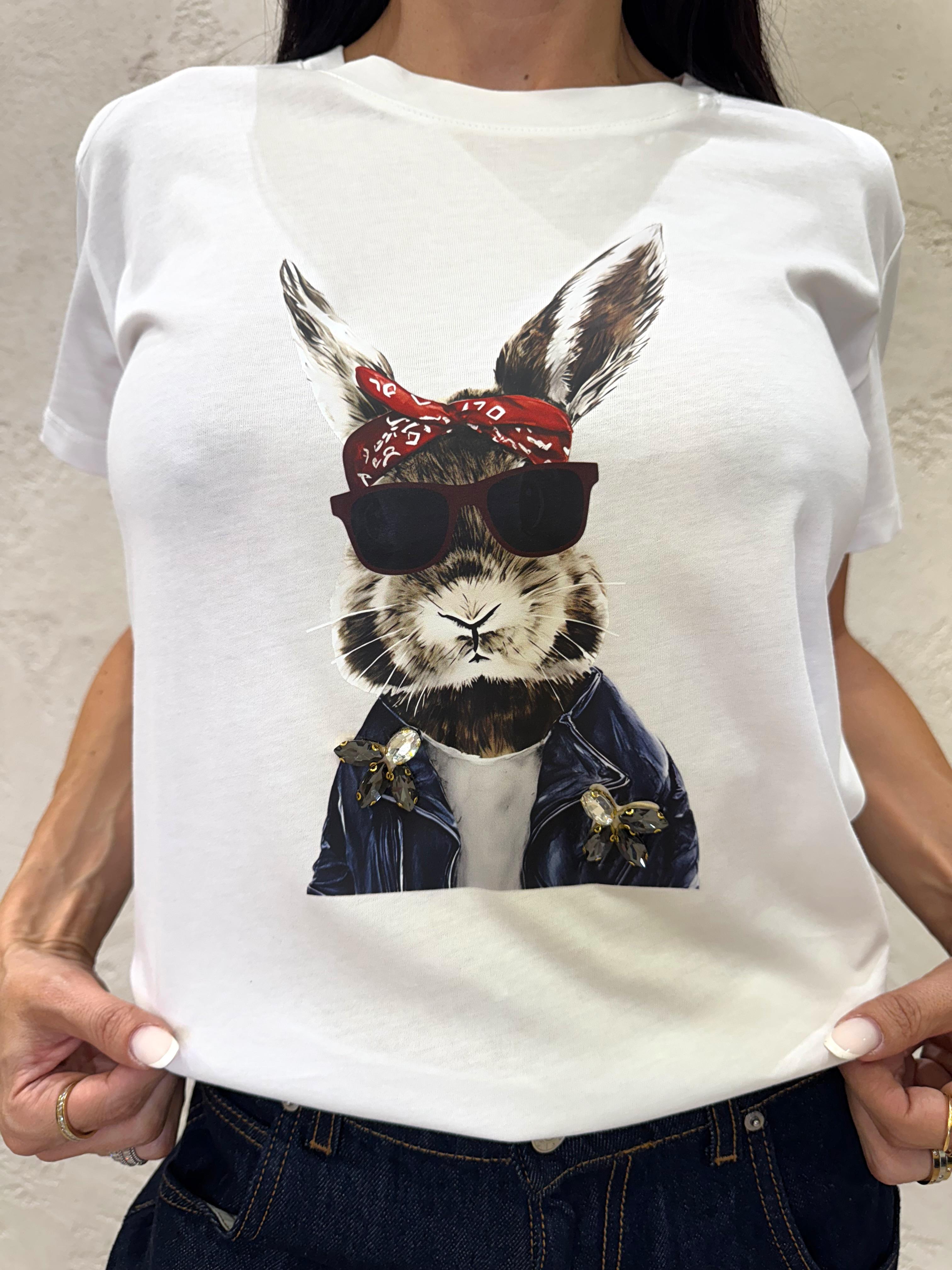 t-shirt con stampa e applicazioni gioiello SH002510 PANNA SUSY MIX