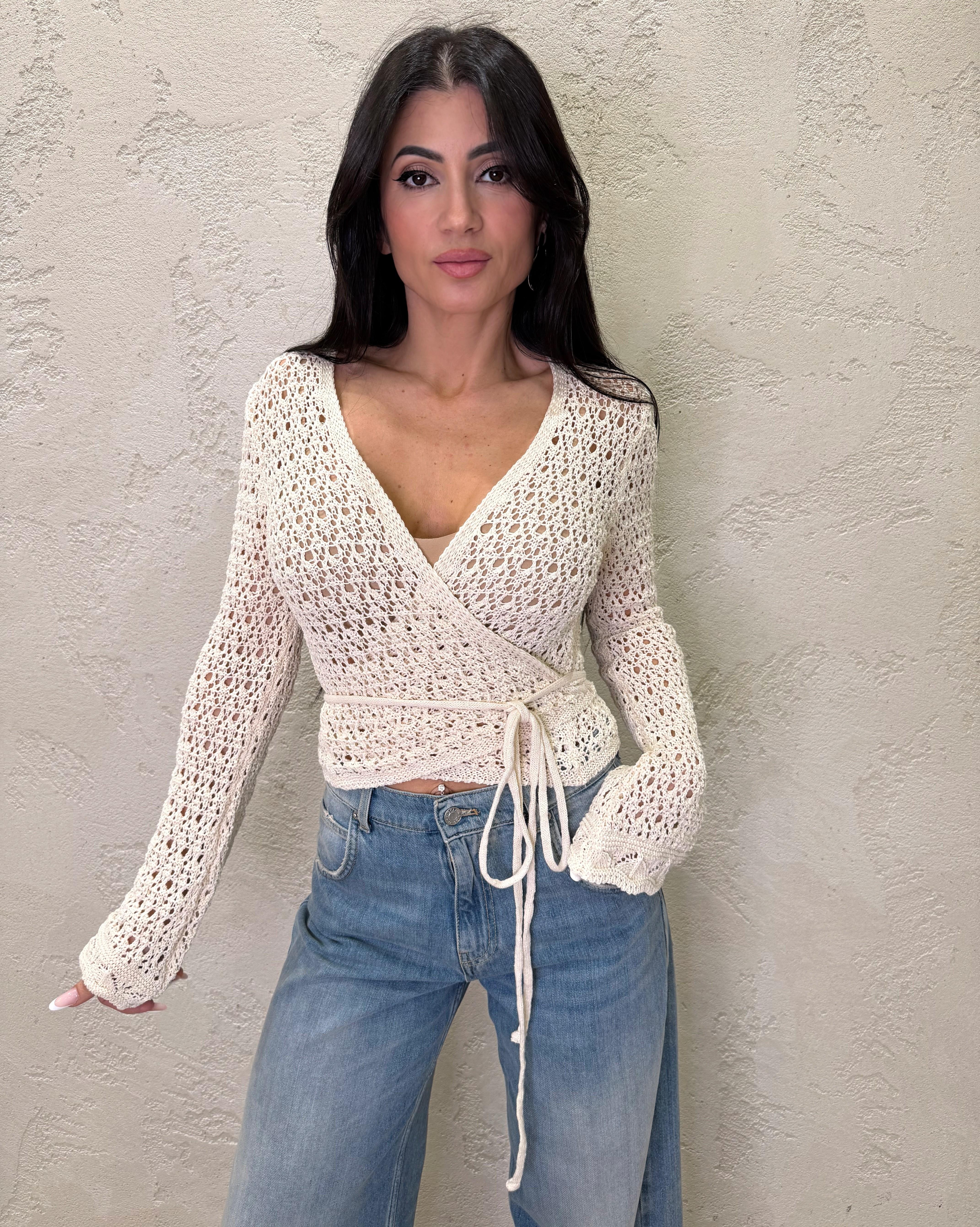 cardigan incrociato in maglia traforata con lacci 26218 LATTE SUSY MIX