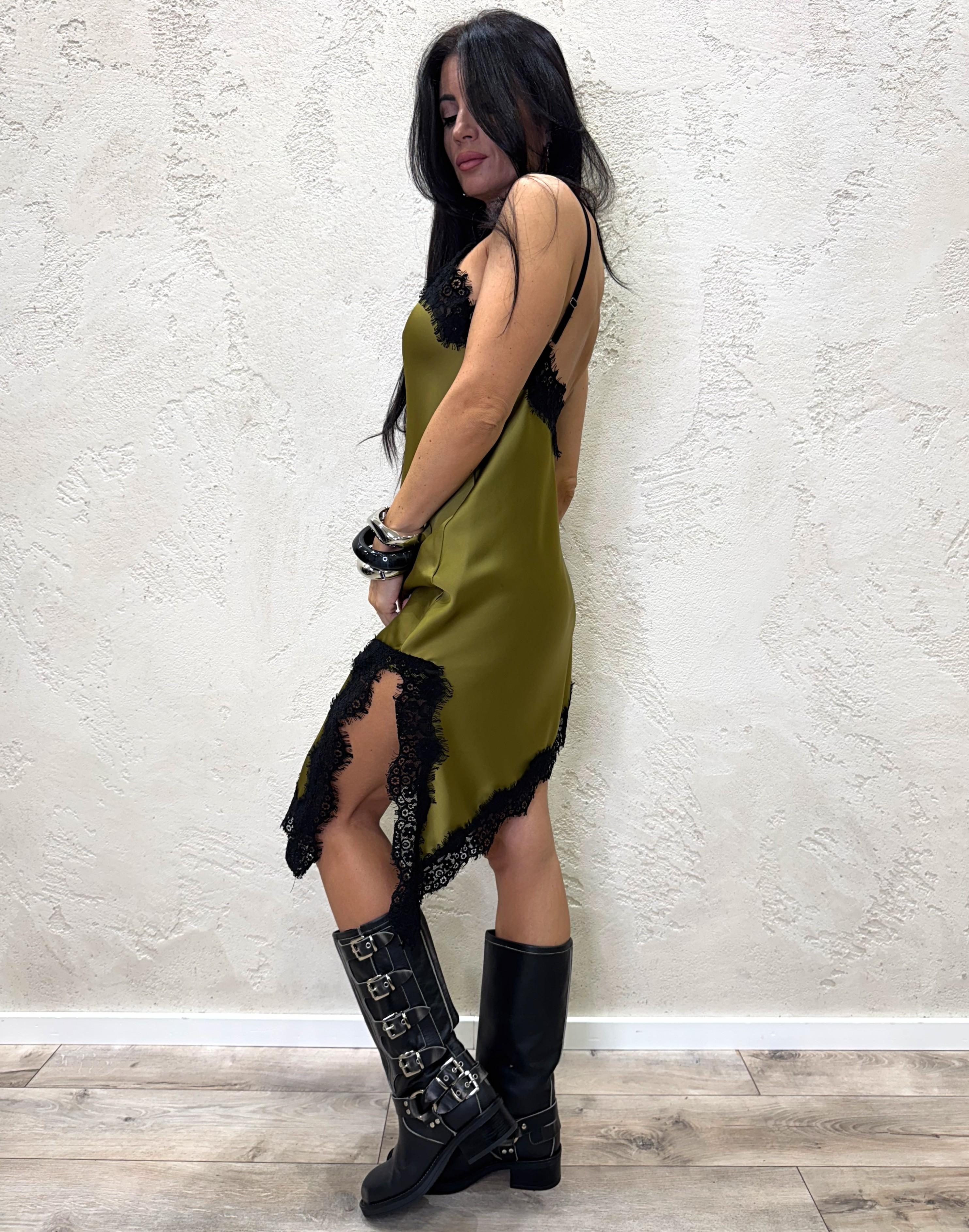 abito asimmetrico con inserti in pizzo AVS-P037 OLIO HAVEONE