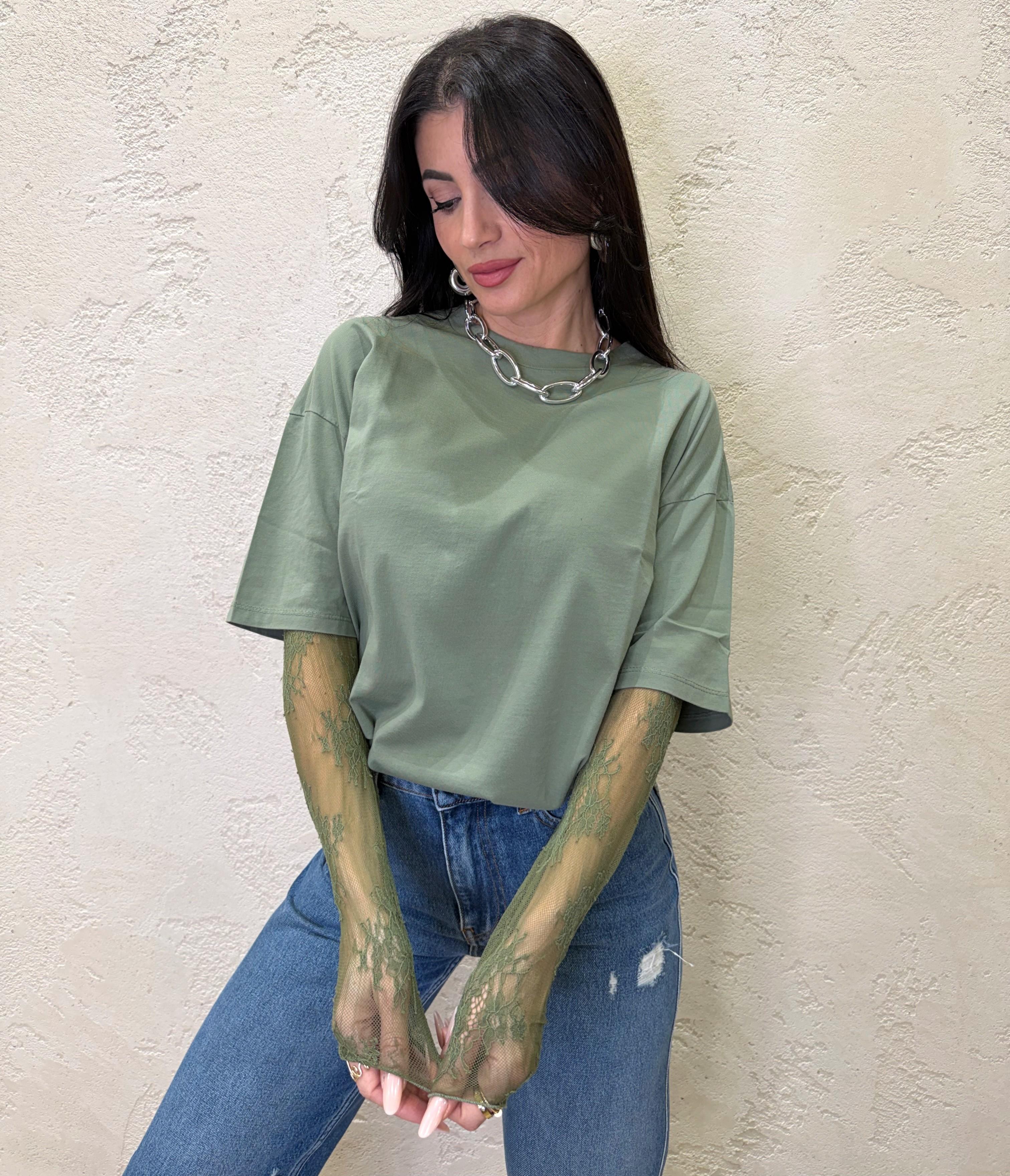 t-shirt con maniche in pizzo 11073 VERDE SALVIA SUSY MIX