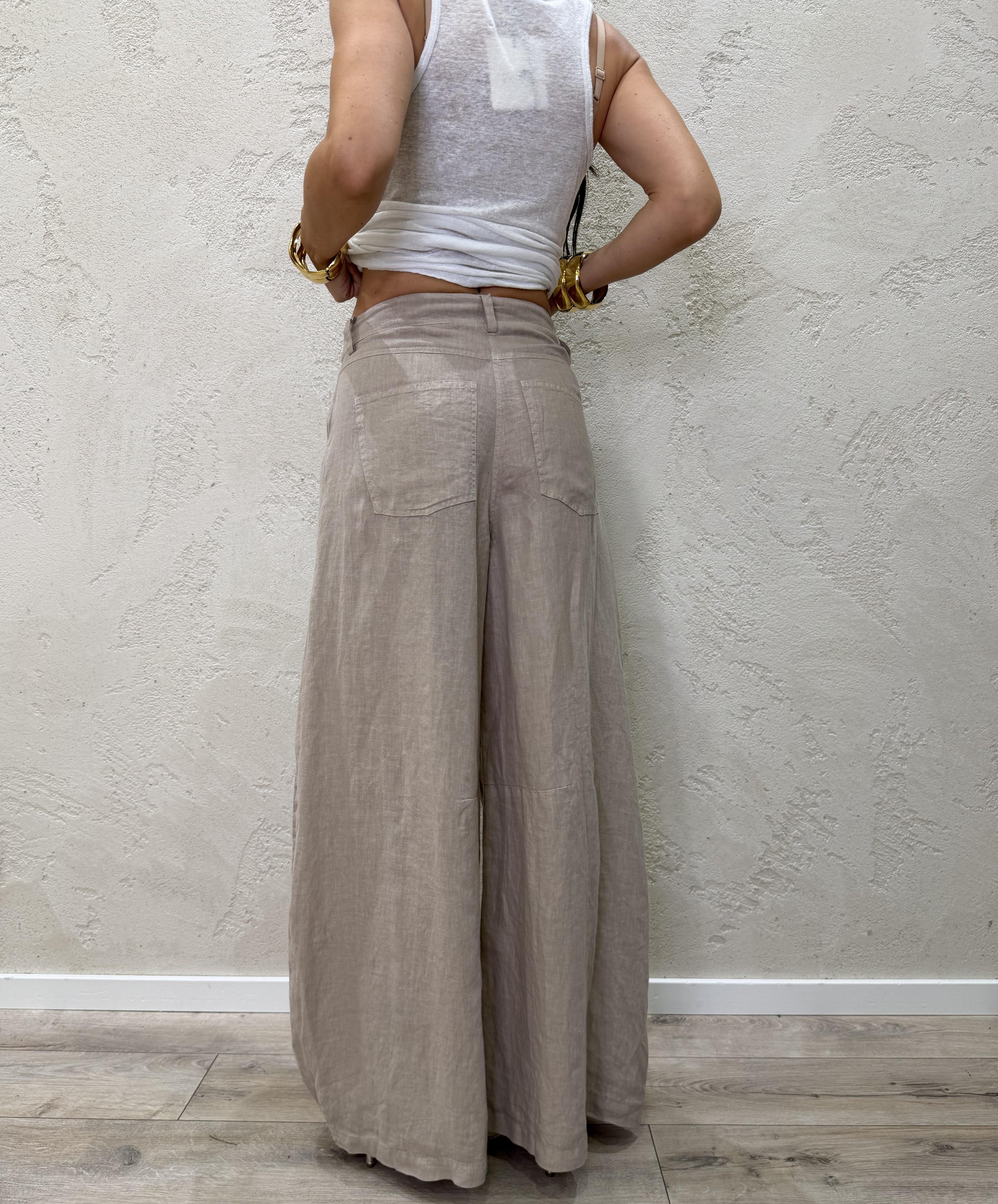 pantalone in puro lino modello luvre barrel fit S26PE64 SABBIA TENSIONE IN