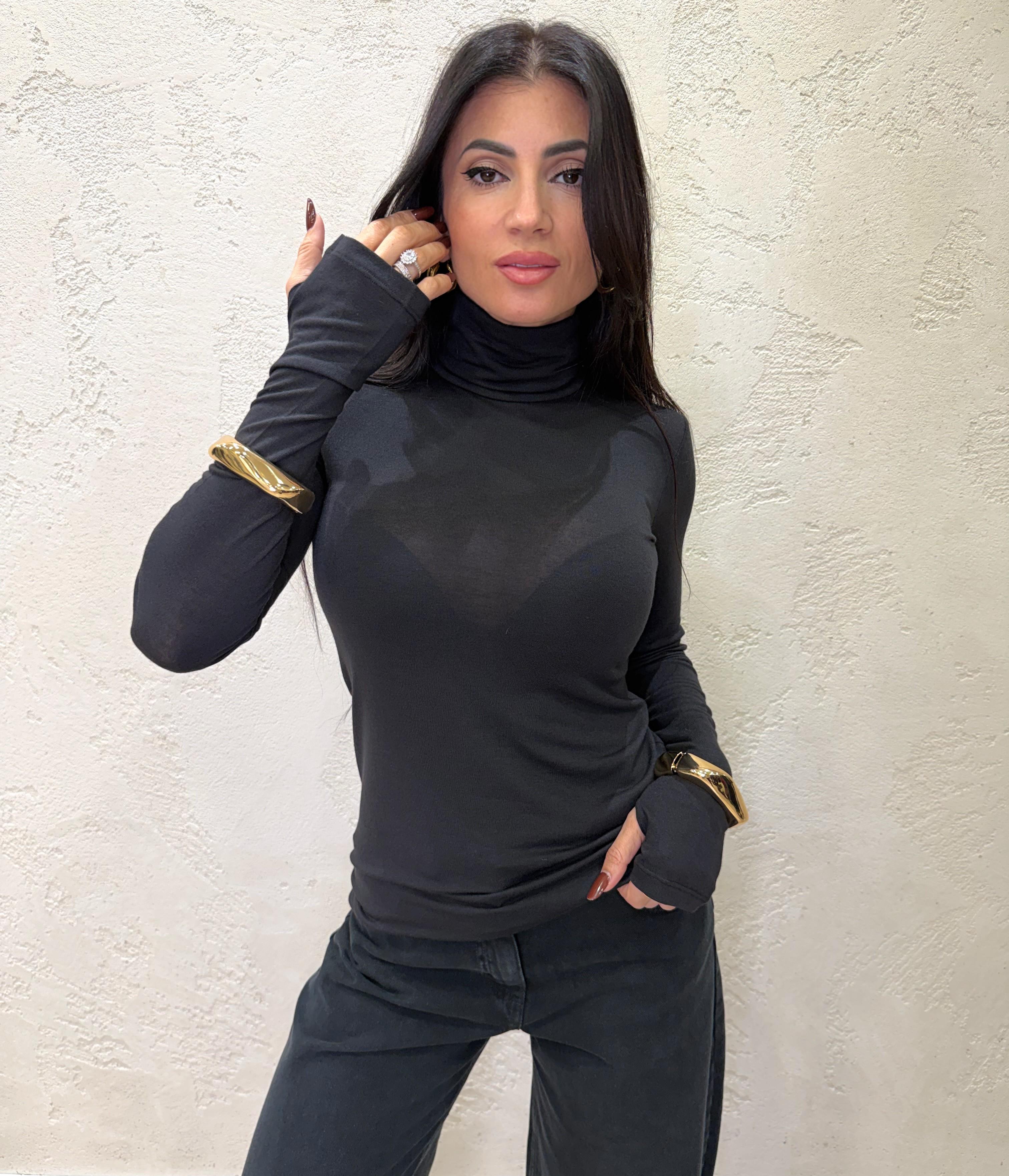 dolcevita in misto lana con manicotti UF0201 NERO VICOLO