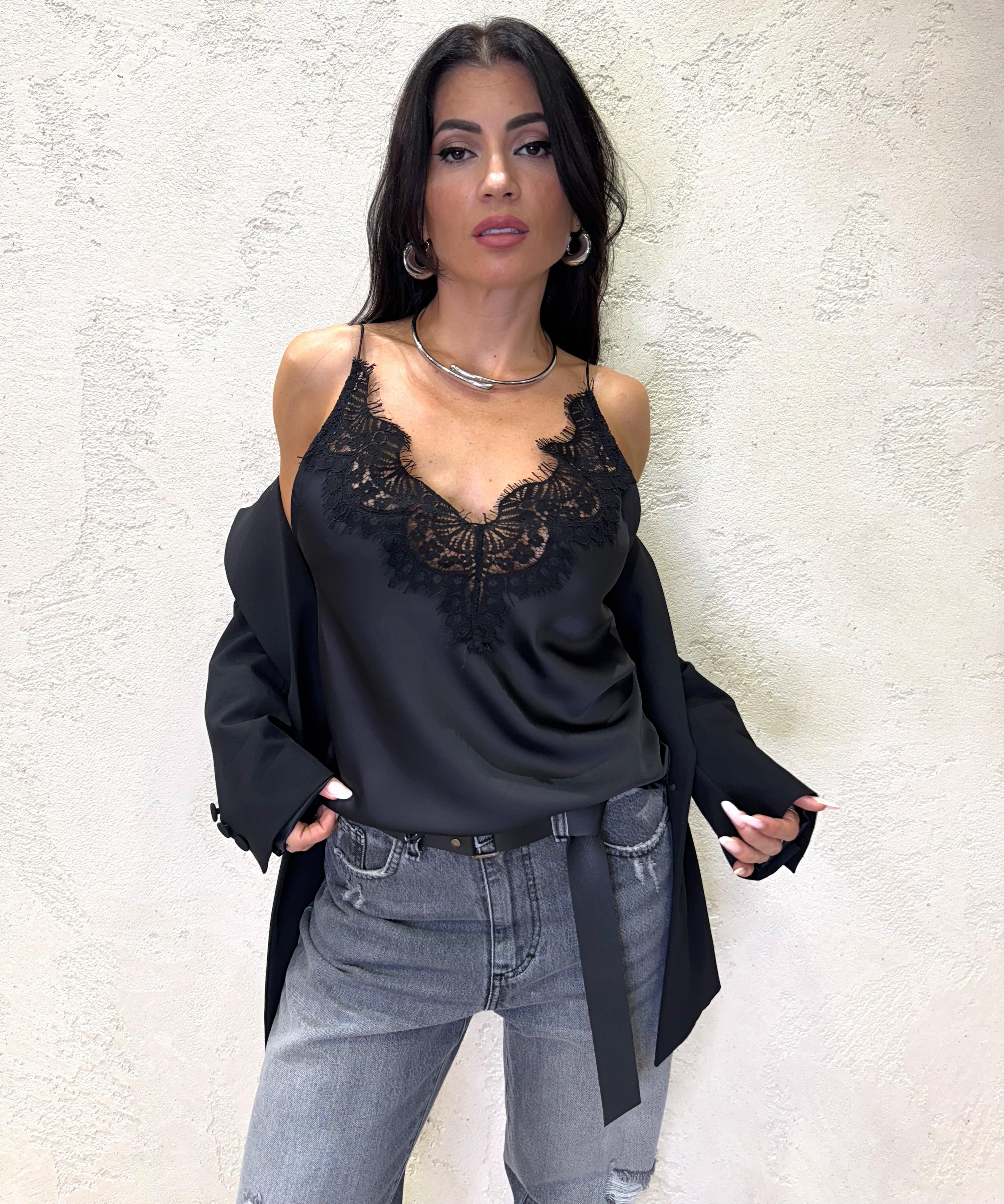 canotta con inserti in pizzo 37528 NERO TENSIONE IN