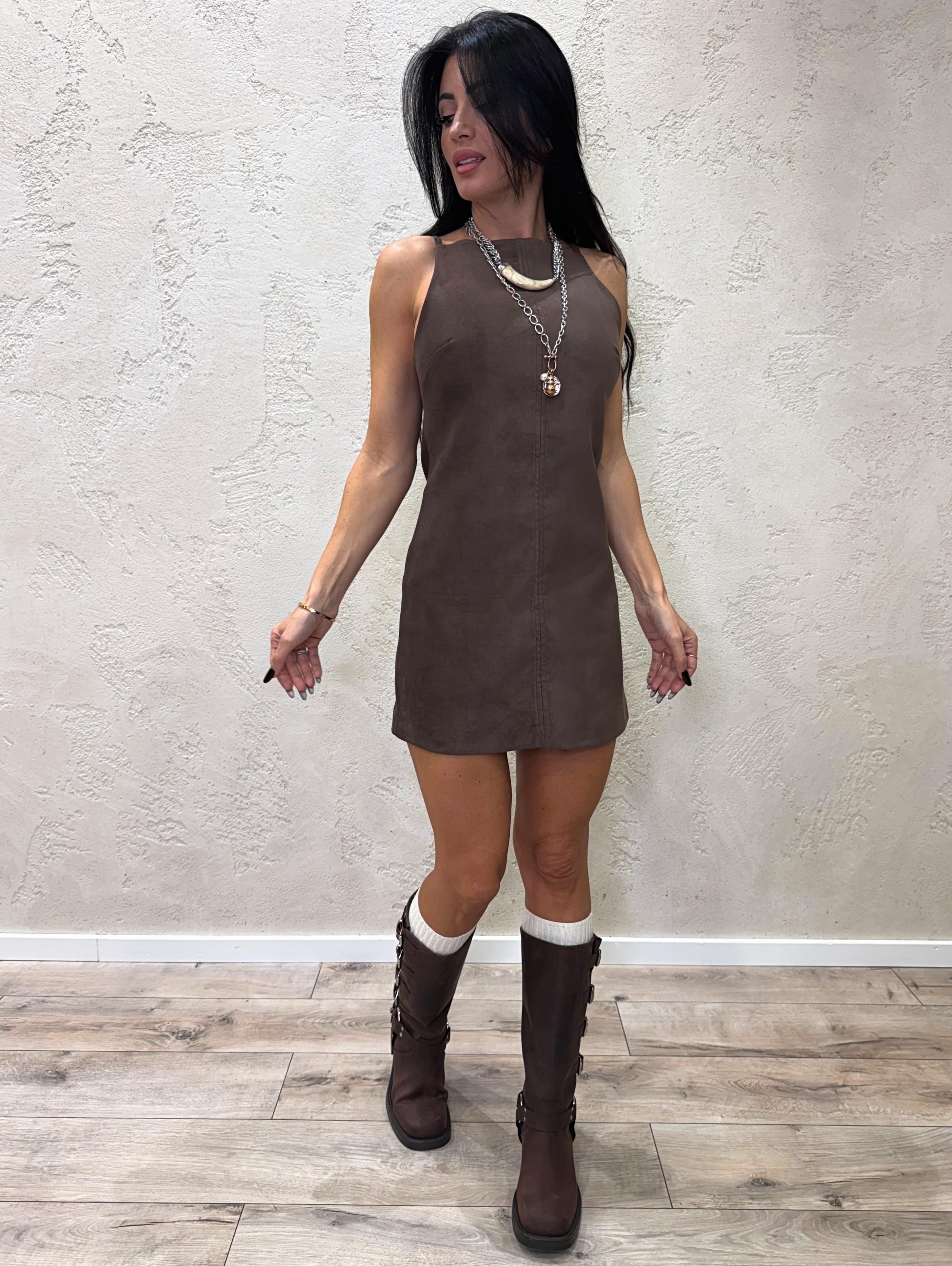 abito scamosciato scollo quadrato ABSCAM MORO ELEVI