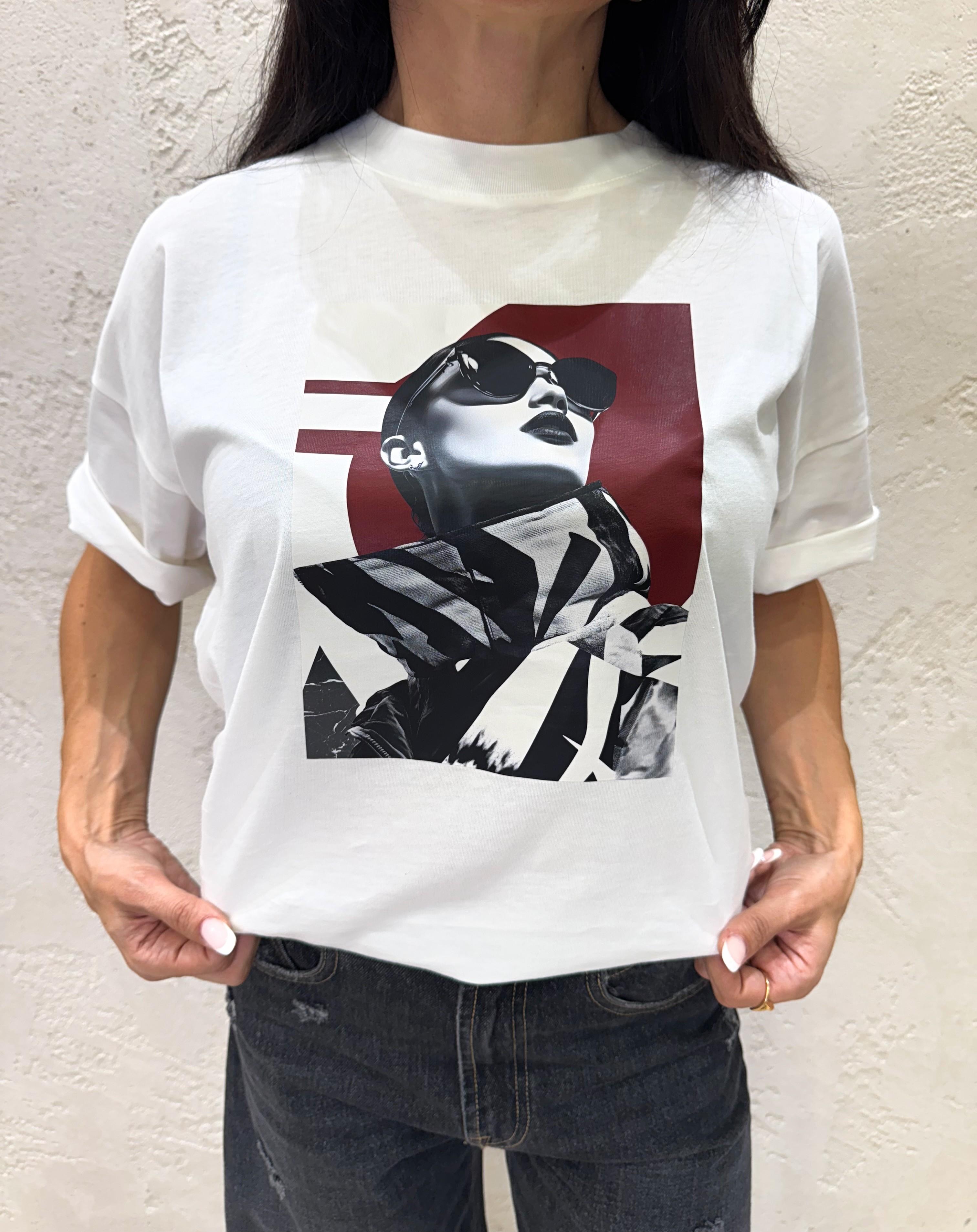 t-shirt over con stampa donna con occhiali da sole RF0069 BIANCO VICOLO
