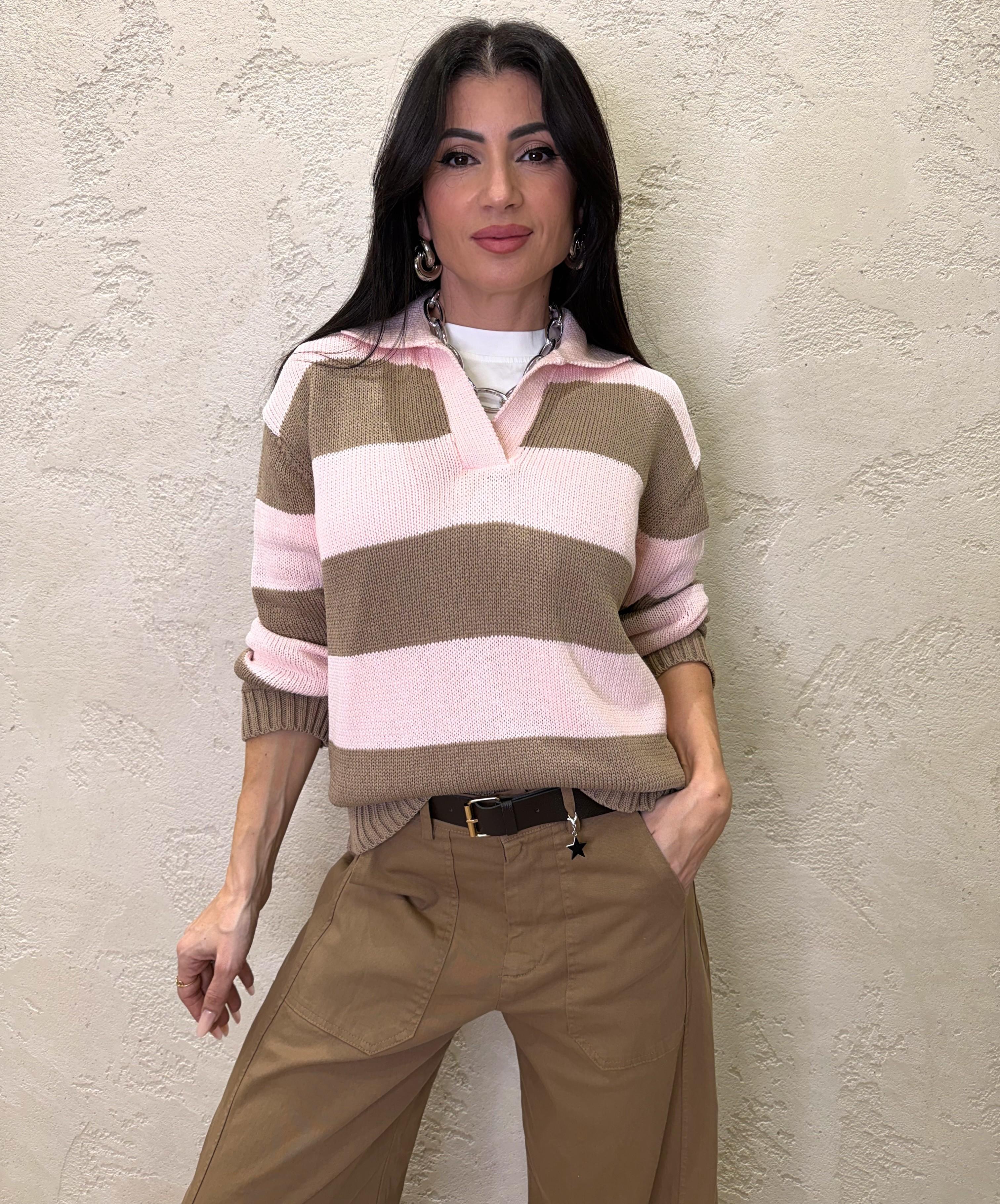 polo in maglia a righe D90131-TEN CORDA/ROSA TENSIONE IN