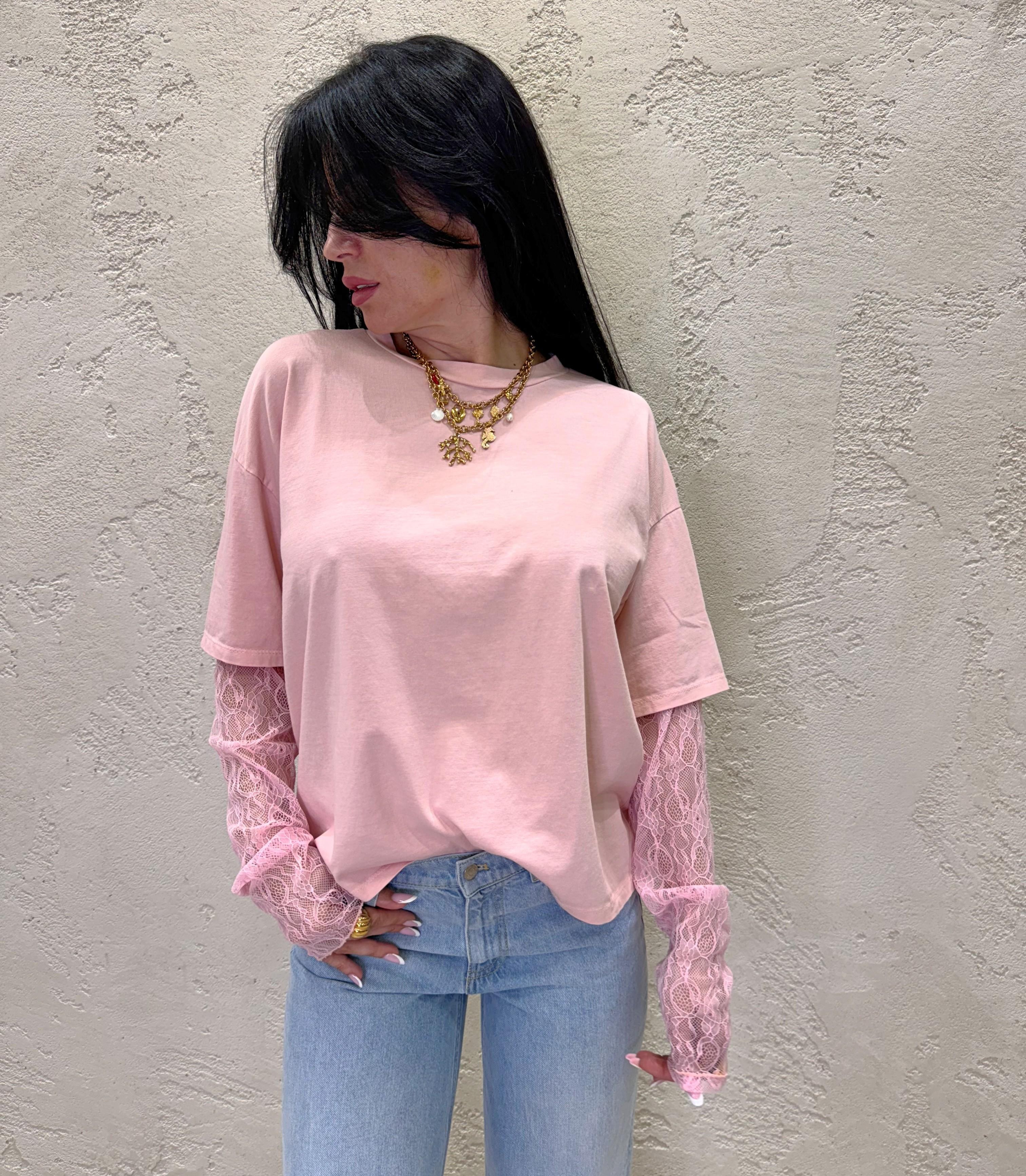 t-shirt con maniche in pizzo 11073 ROSA SUSY MIX