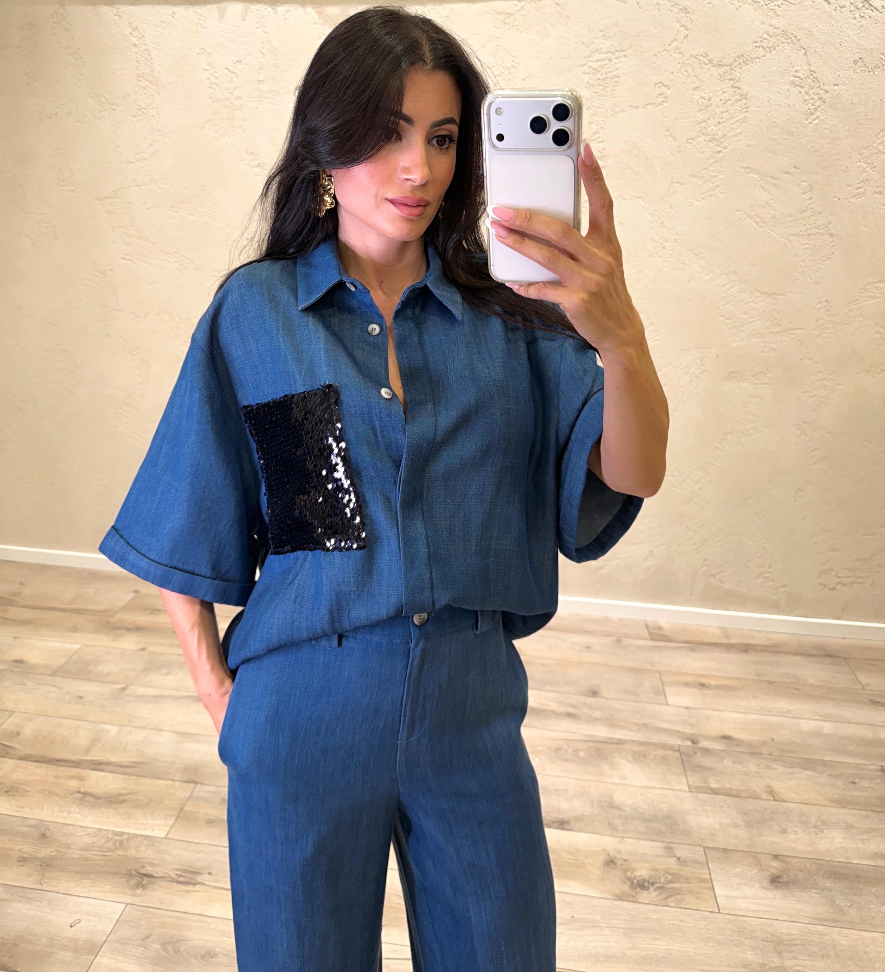 camicia in tela chambray e tasca pailettes 26C5144 DENIM BLU TENSIONE IN
