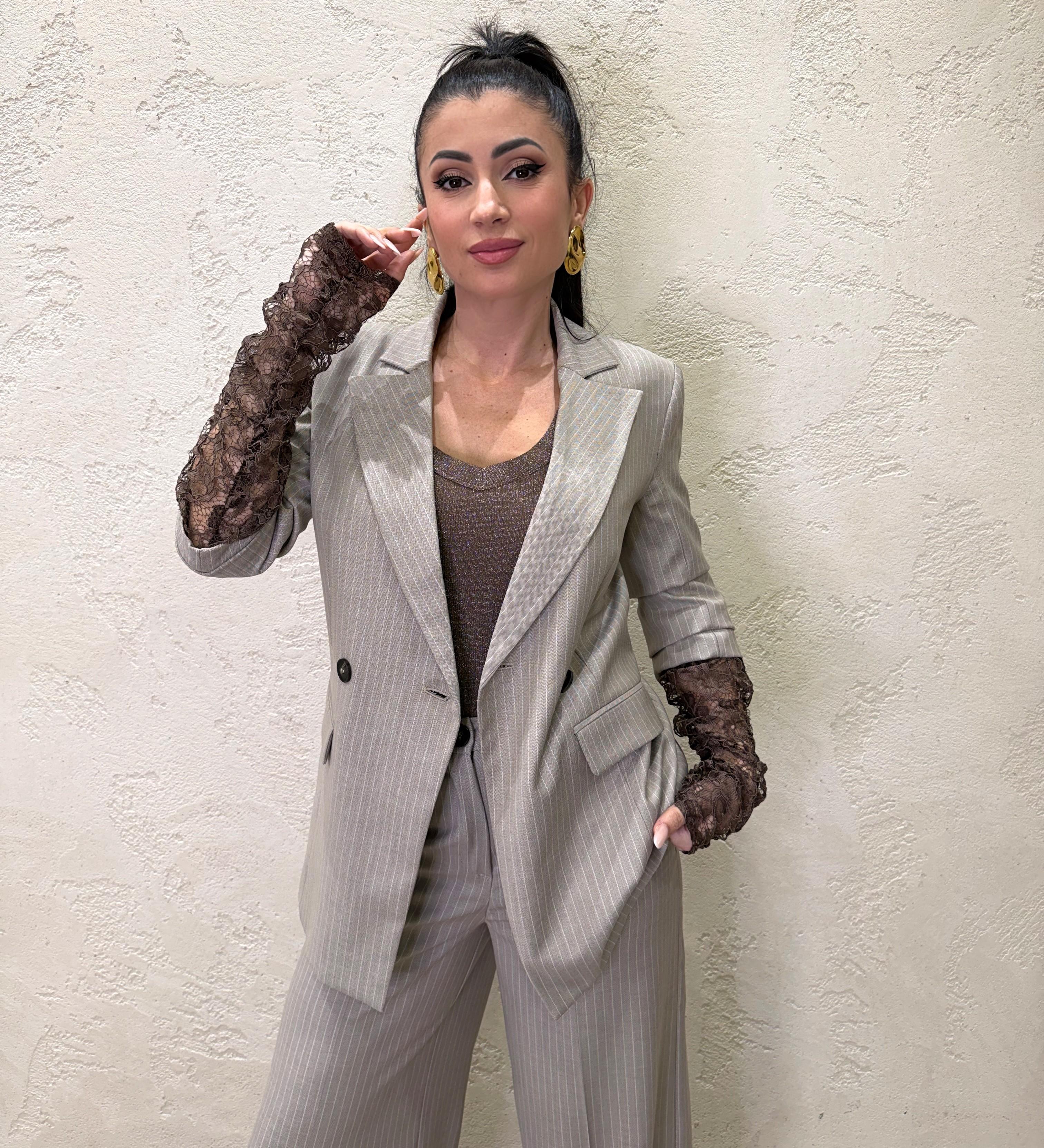 blazer doppio petto con maniche in pizzo JGE-Q028 KASHA/CIOCCOLATO HAVEONE