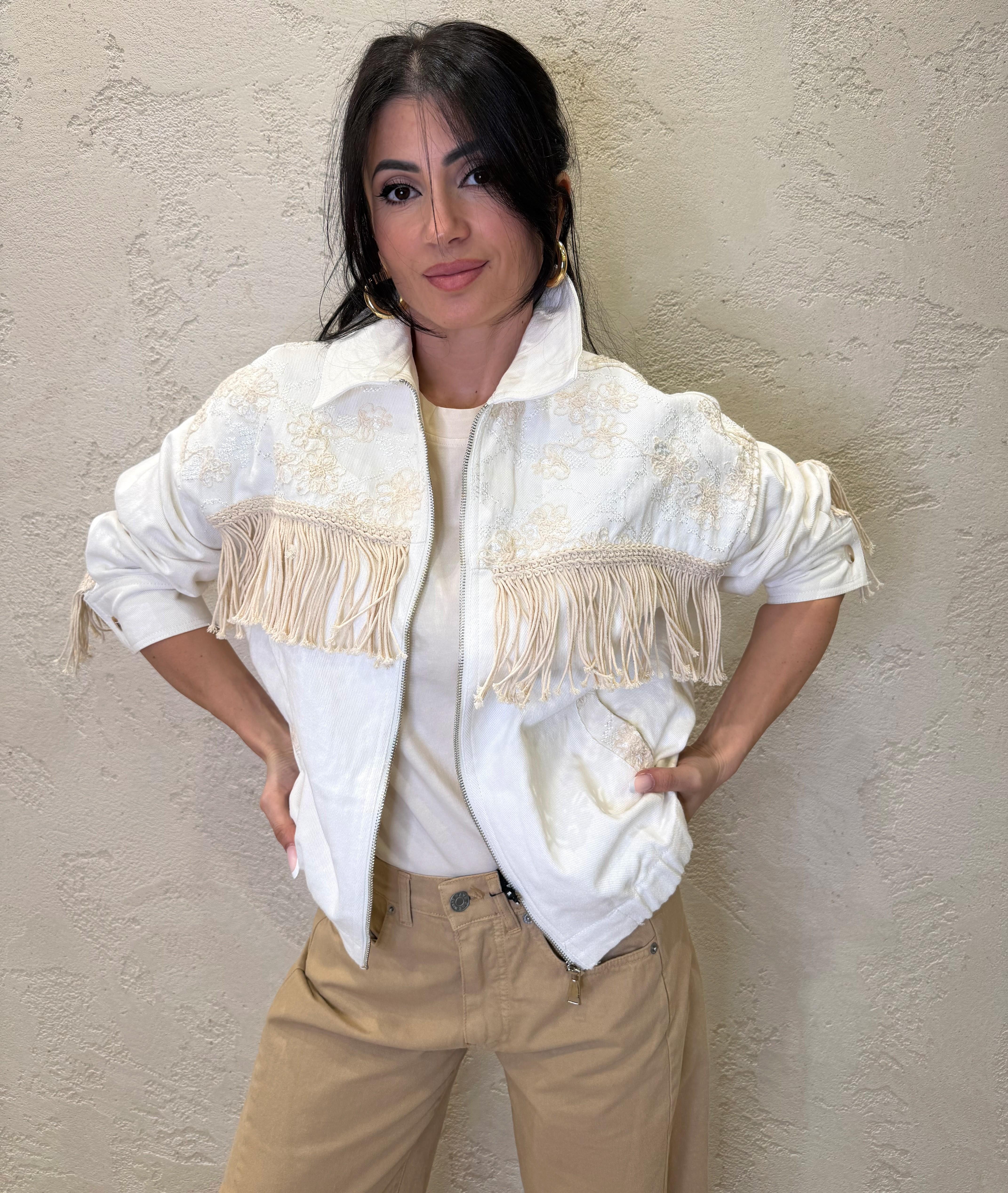 giacca in jeans modello bomber con frange e ricami. JSS-Q093 BIANCO HAVEONE