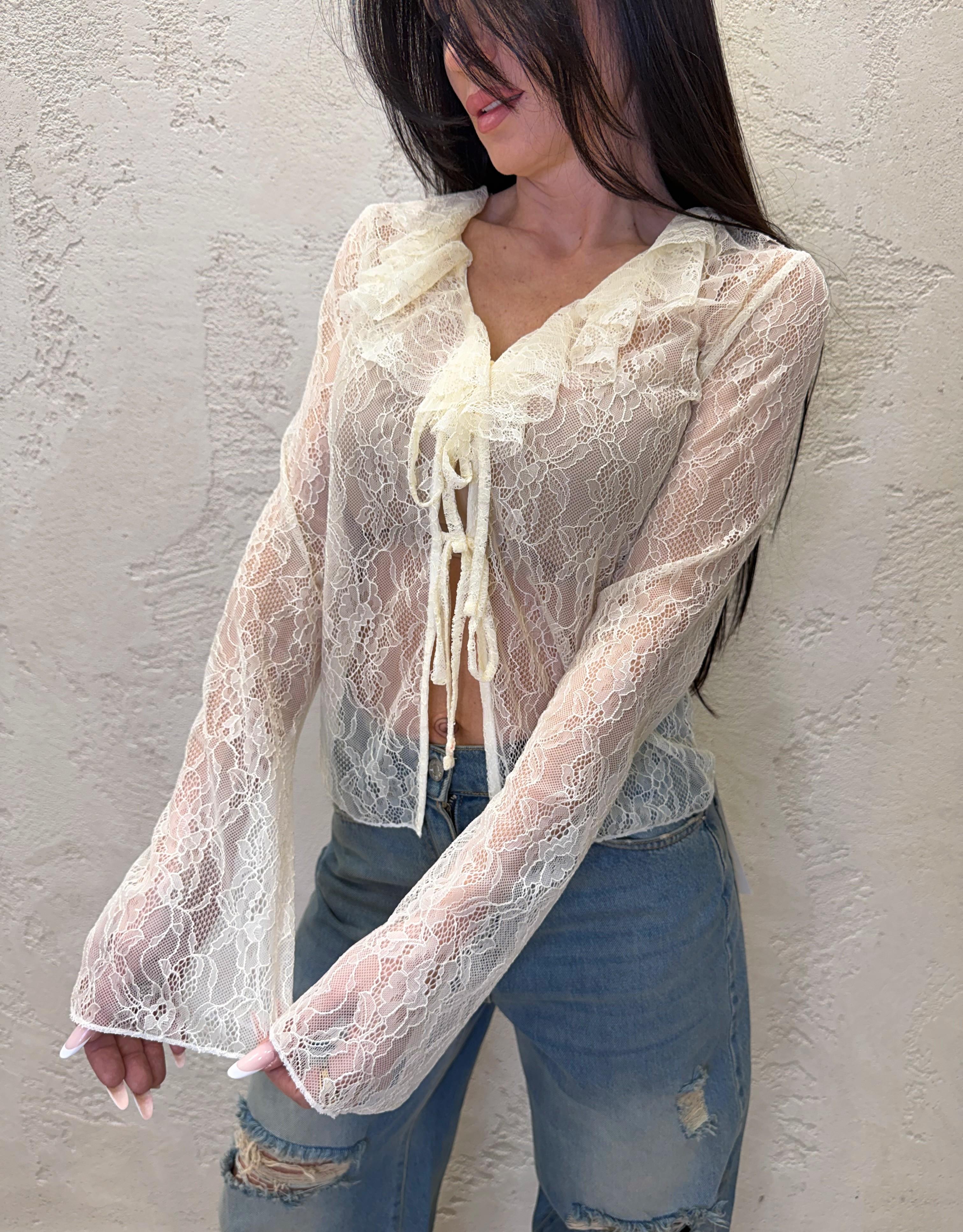 blusa in pizzo con rouges e lacci frontali TAB1521 BURRO VICOLO