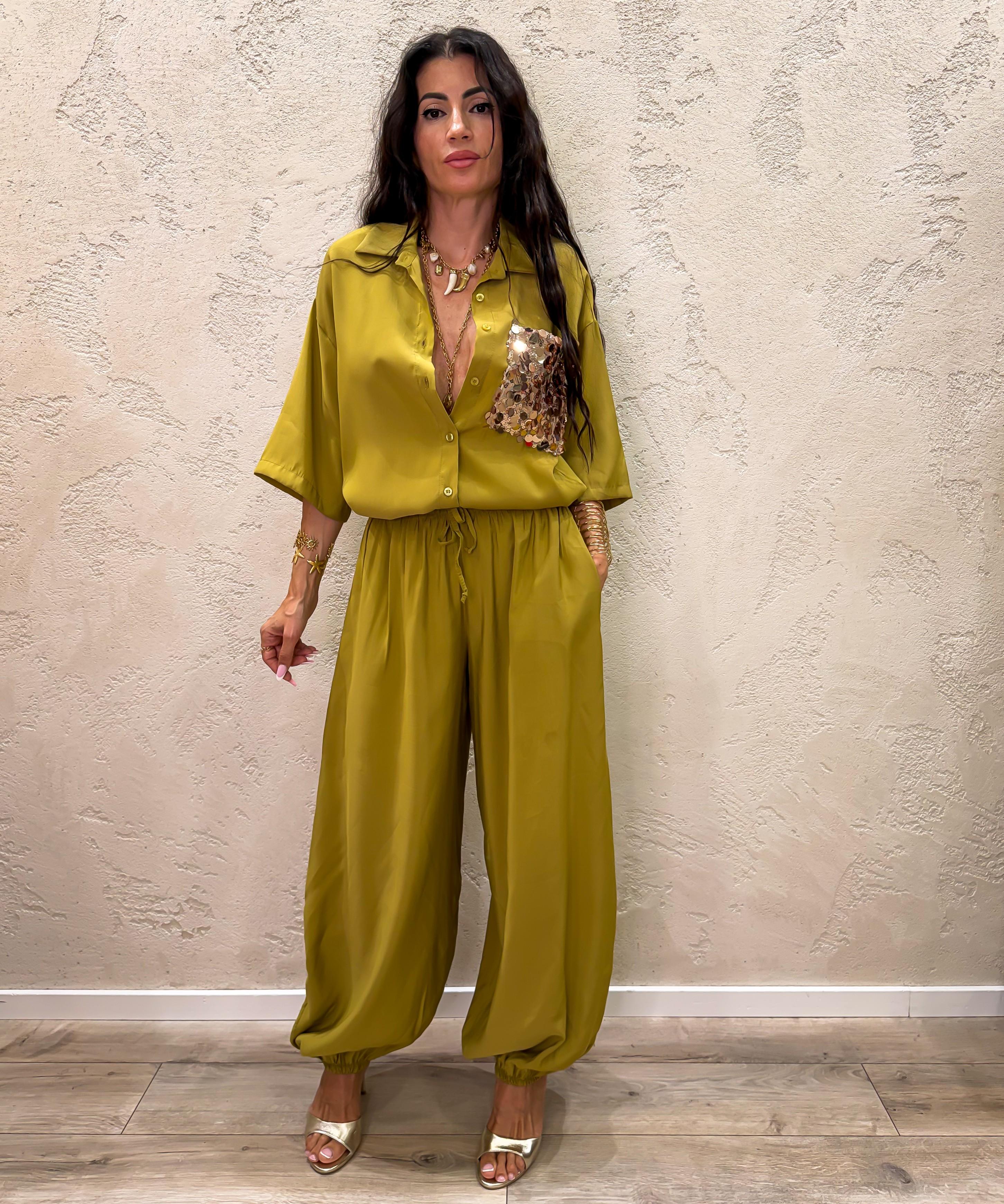 completo coordinato "aladin" camicia tasca pailettes e pantalone a palloncino COMPL-ALADIN OLIO ELEVI