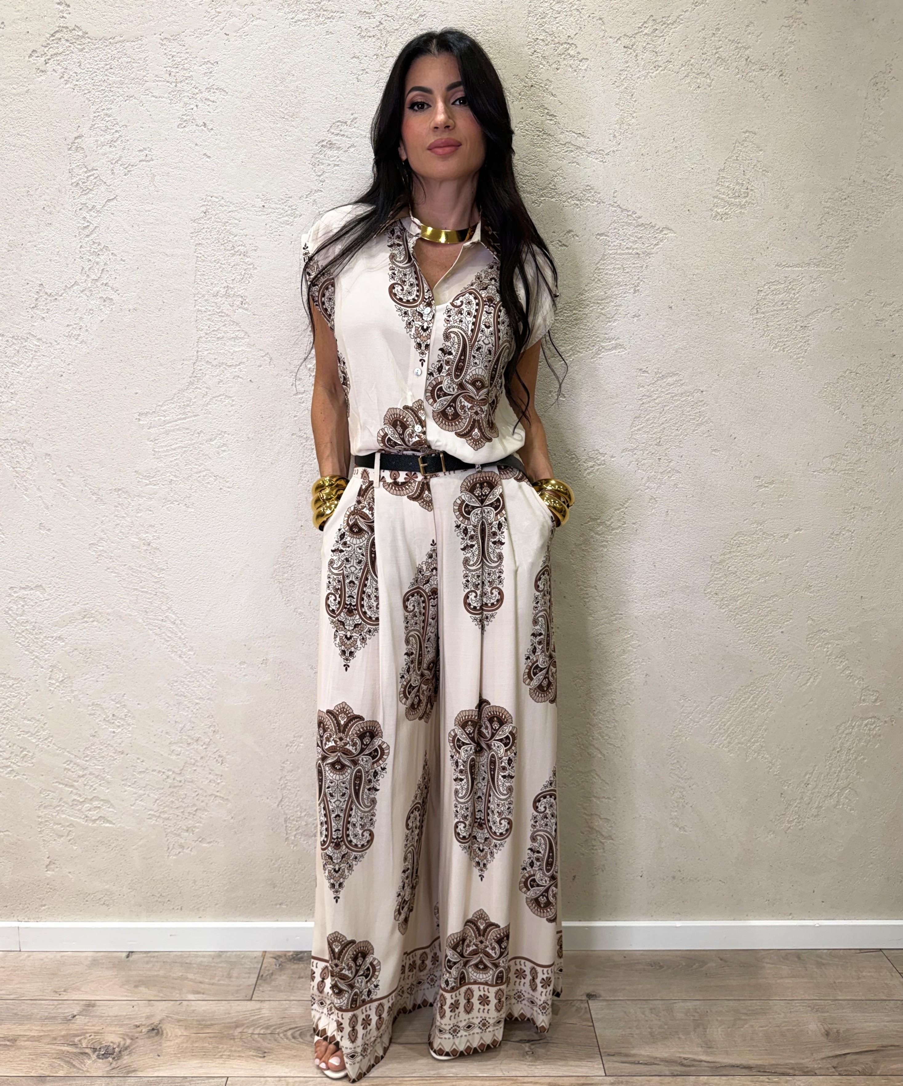 pantalone in 100% viscosa a palazzo con pinces frontali e fantasia etnica 16926H2 BEIGE SUSY MIX