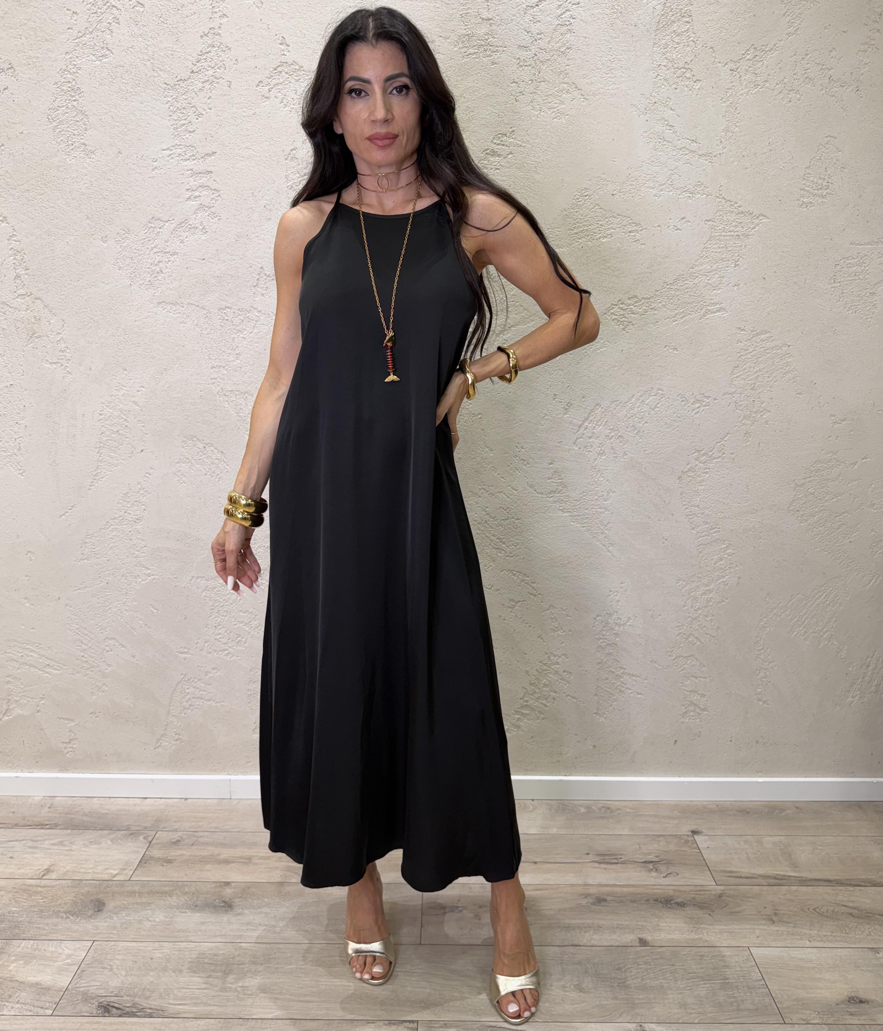 abito svasato in satin scollo all'americana TAB2585 NERO VICOLO