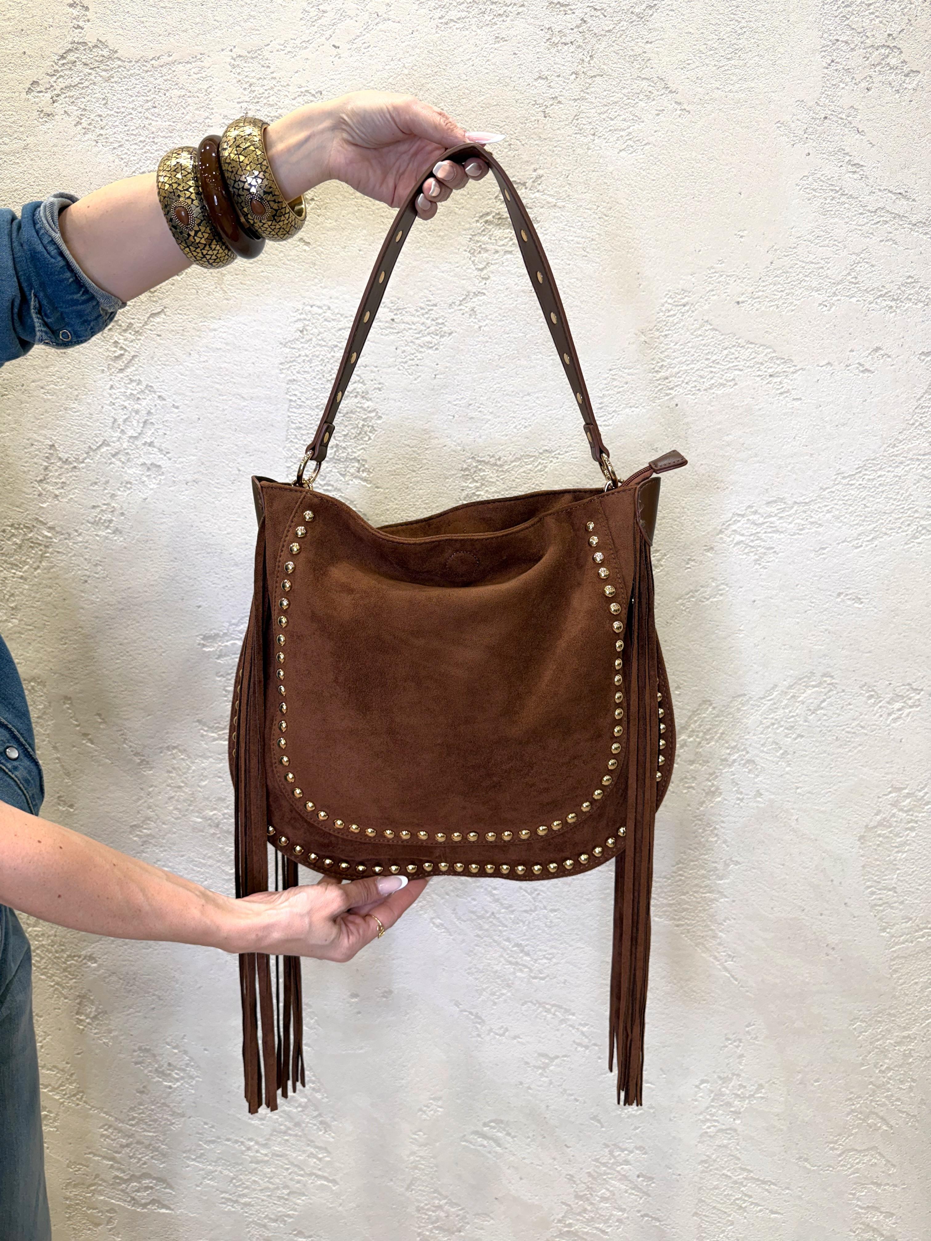 borsa a spalla in vera pelle scamosciata con frange e borchie BORFRABORCHIE MARRONE ELEVI