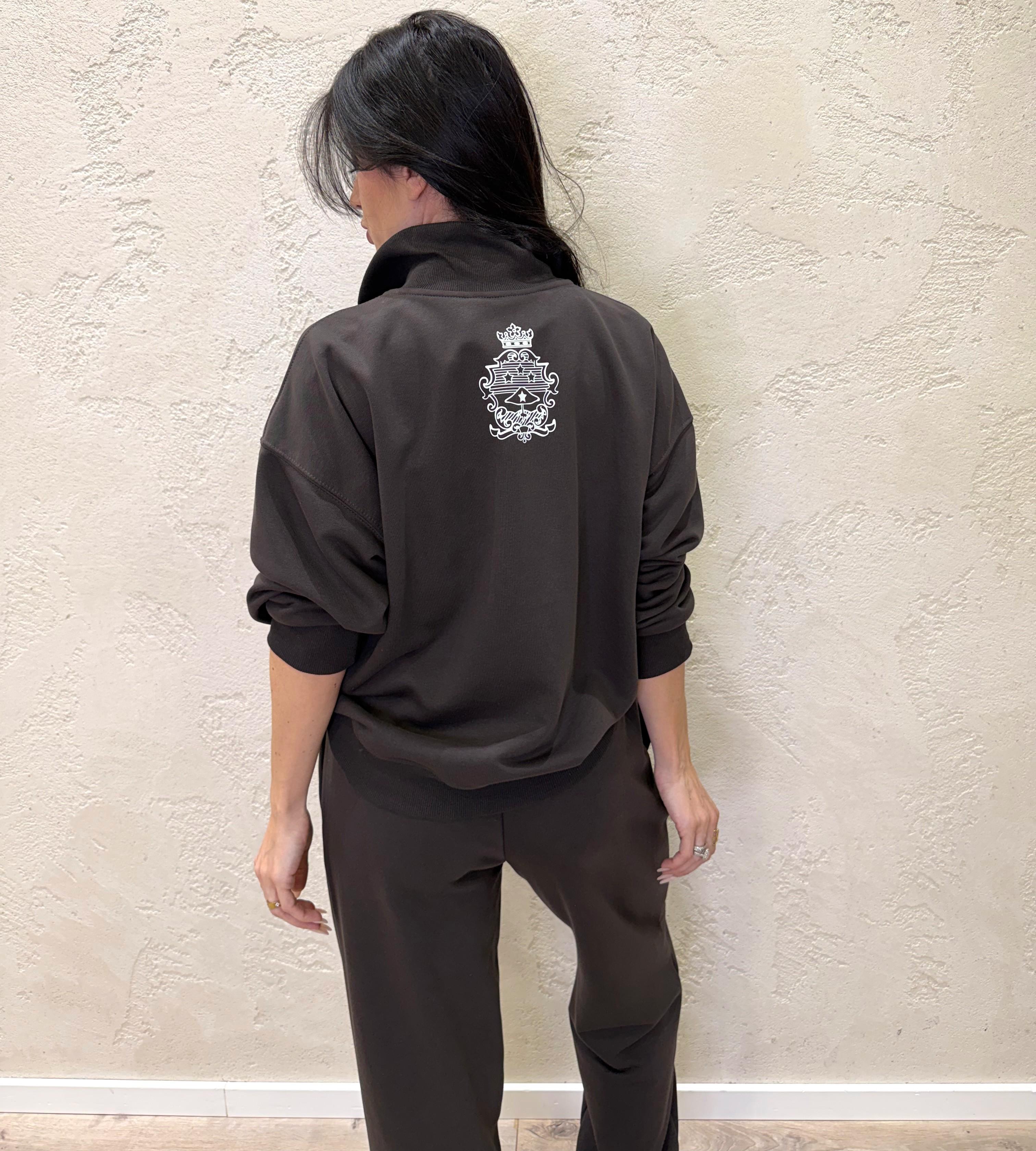 felpa garzata over con mezza zip e stampa 26M3979 MORO/PANNA TENSIONE IN