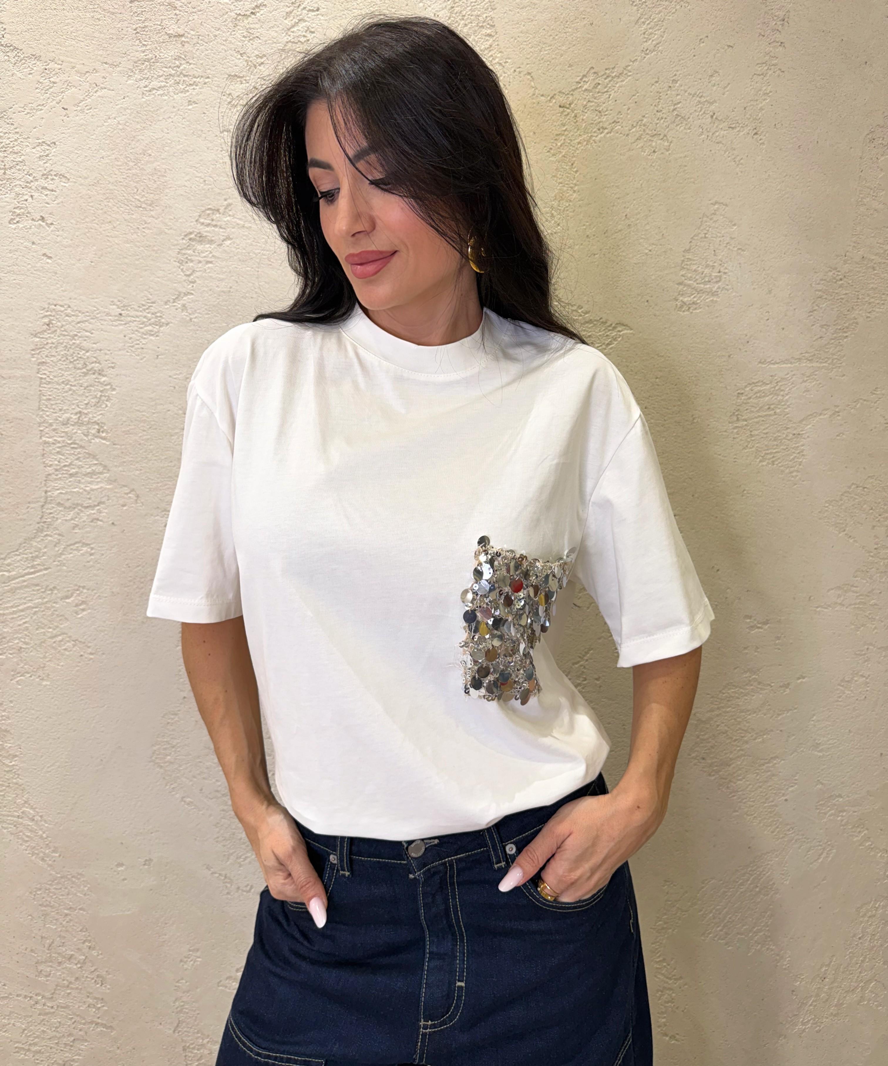 t-shirt a scatoletta con tasca pailettes PE260112 PANNA TENSIONE IN