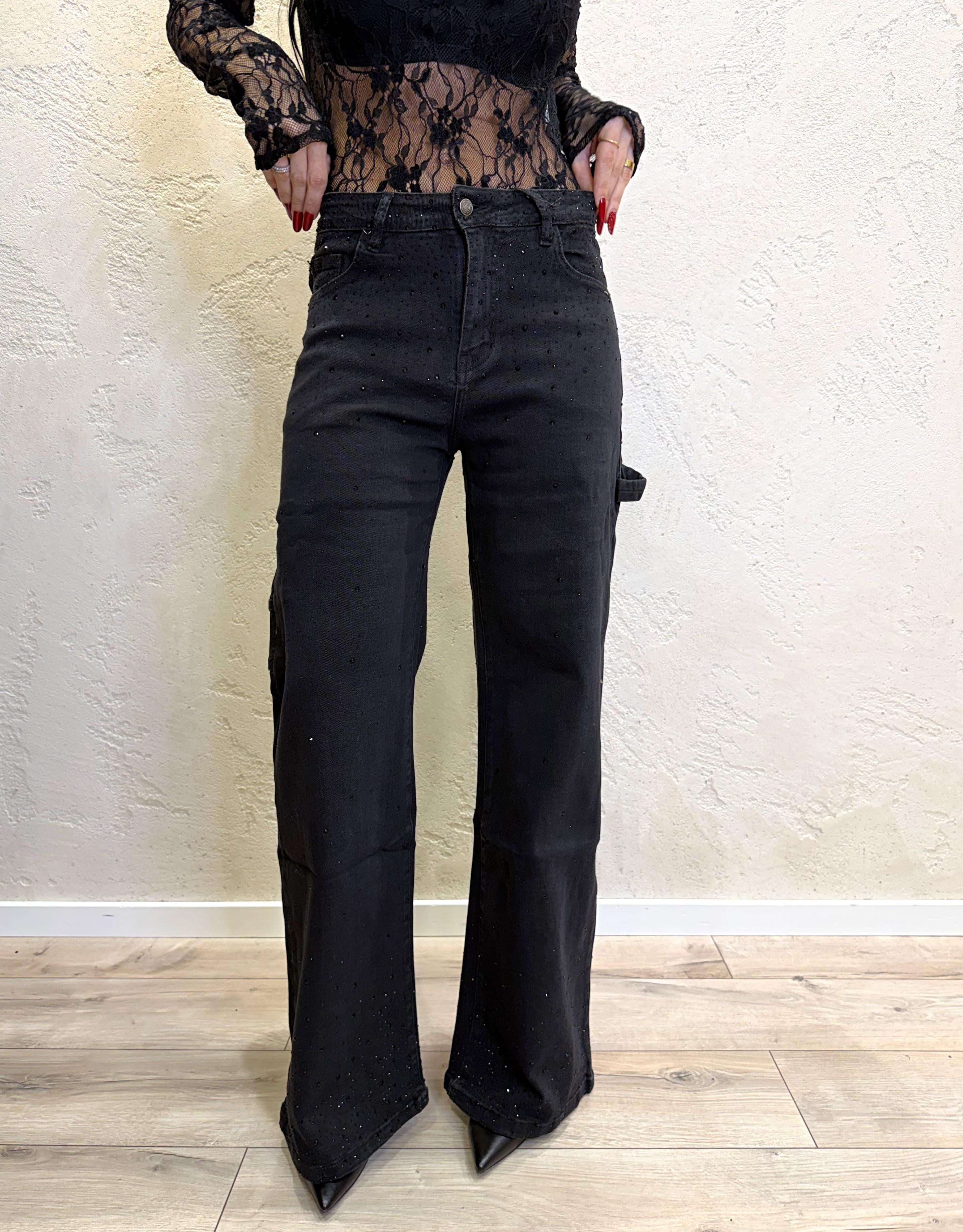 jeans modello work a gamba larga con strass JWSTRASS NERO ELEVI