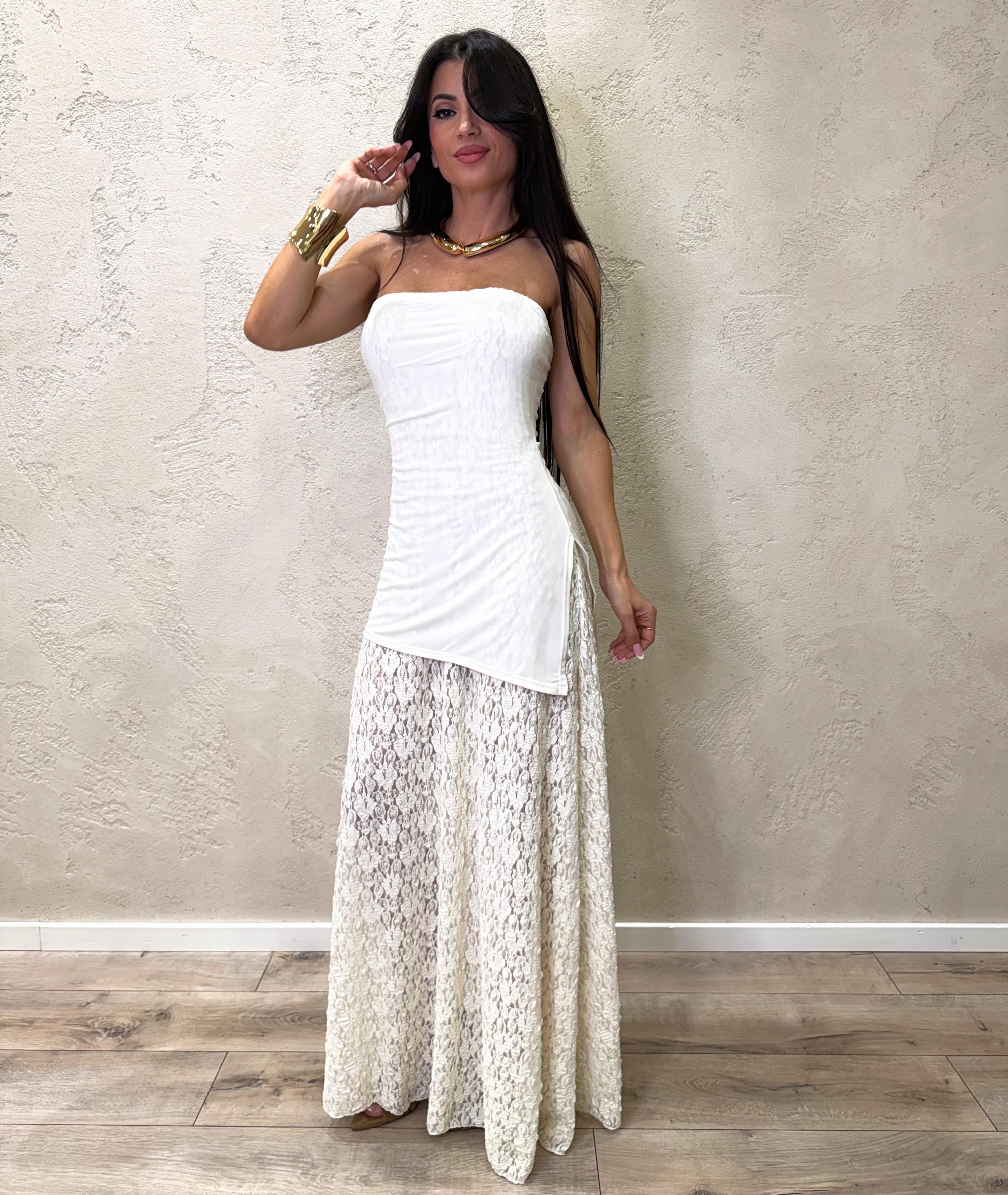 abito lungo a fascia in dobbio tessuto con fondo in pizzo A118263 LATTE SUSY MIX