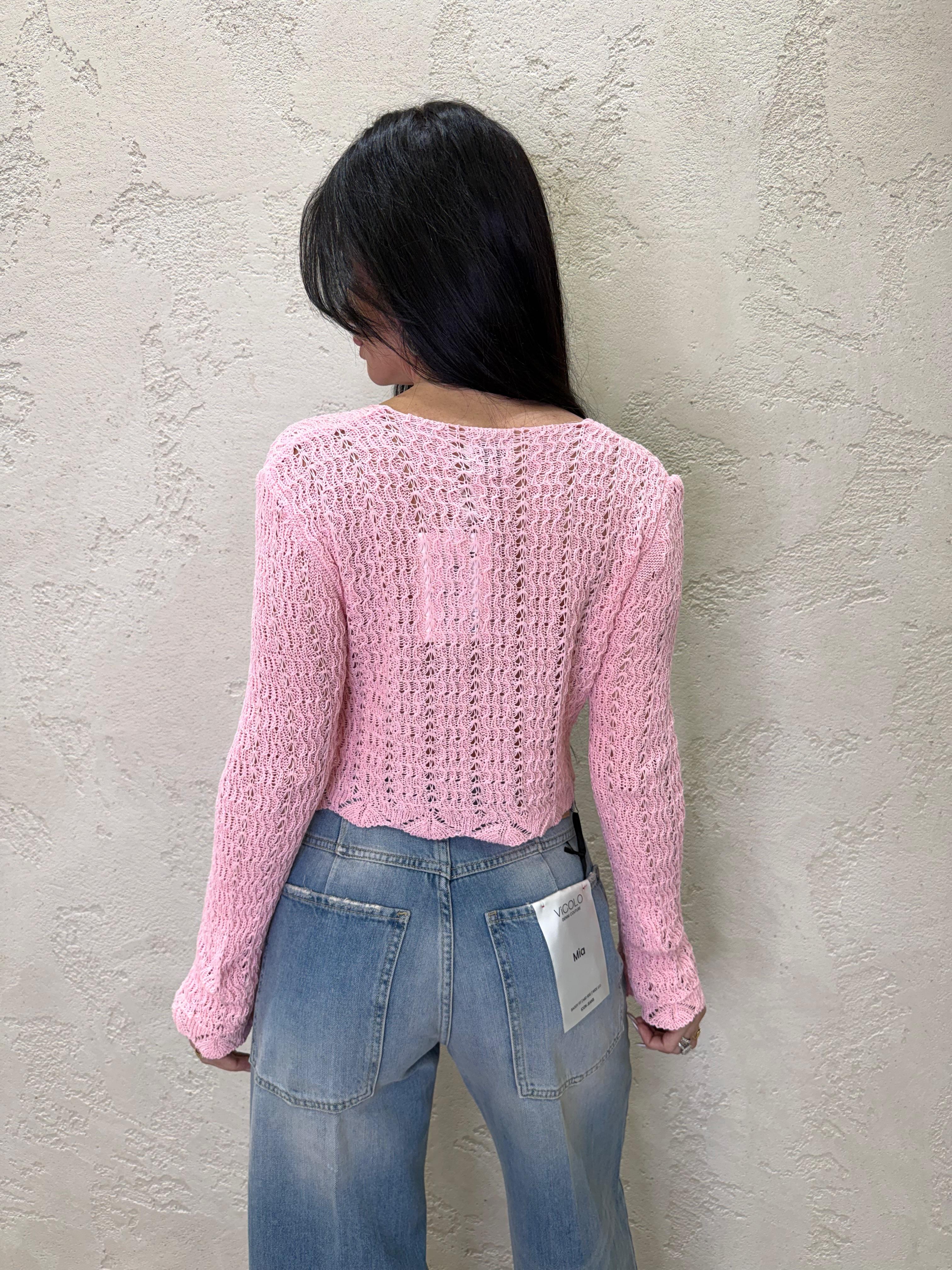 cardigan corto in maglia traforata con lacci frontali 26172 ROSA SUSY MIX