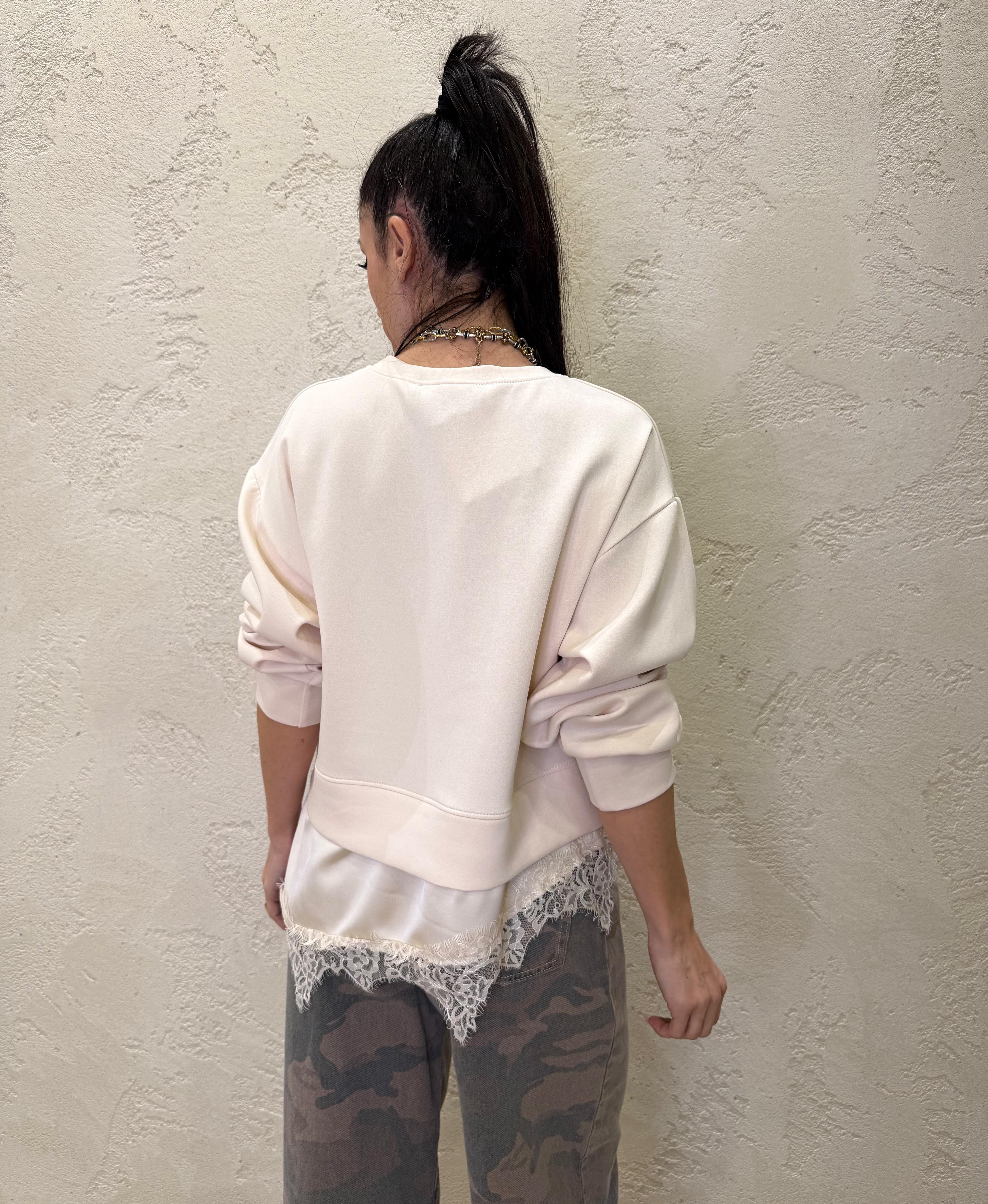 felpa over in doppio tessuto con orlo asimettrico in pizzo FJK-Q038 AVORIO HAVEONE