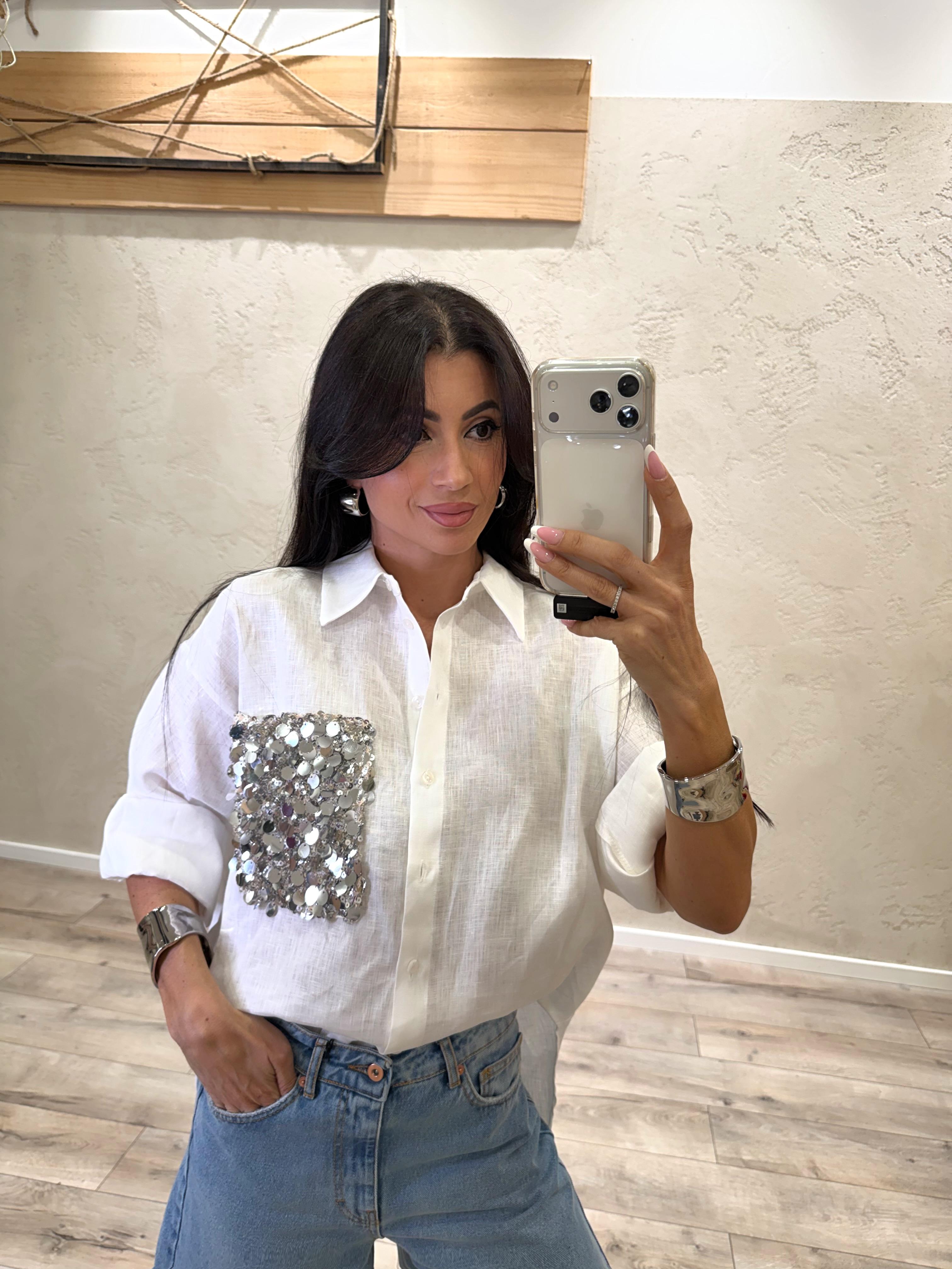 camicia in 100% lino con tasca paillettes S26CE15 BIANCO TENSIONE IN