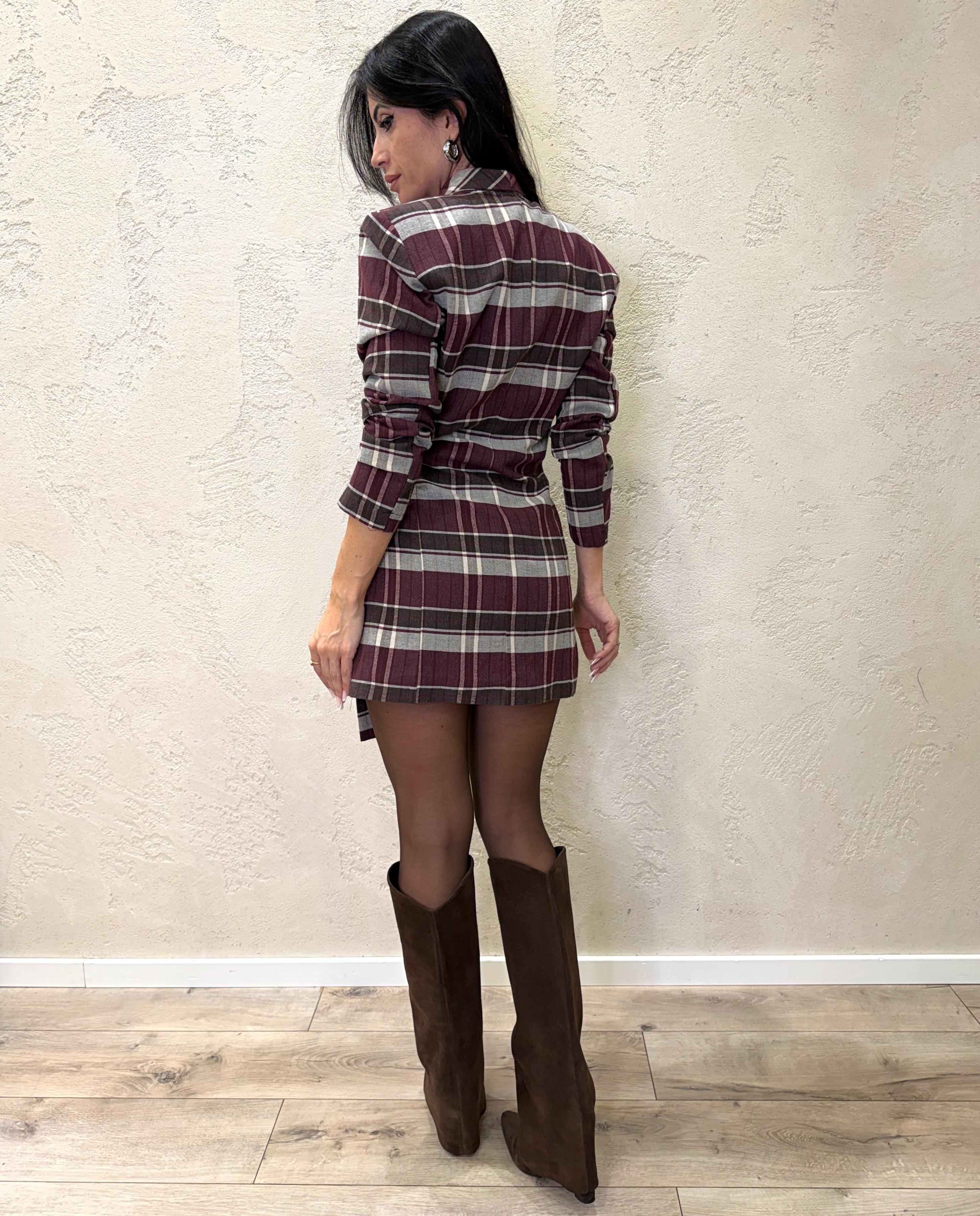 abito mini a portafoglio in fantasia check 26V1396 MORO/BORDEAUX MOTEL