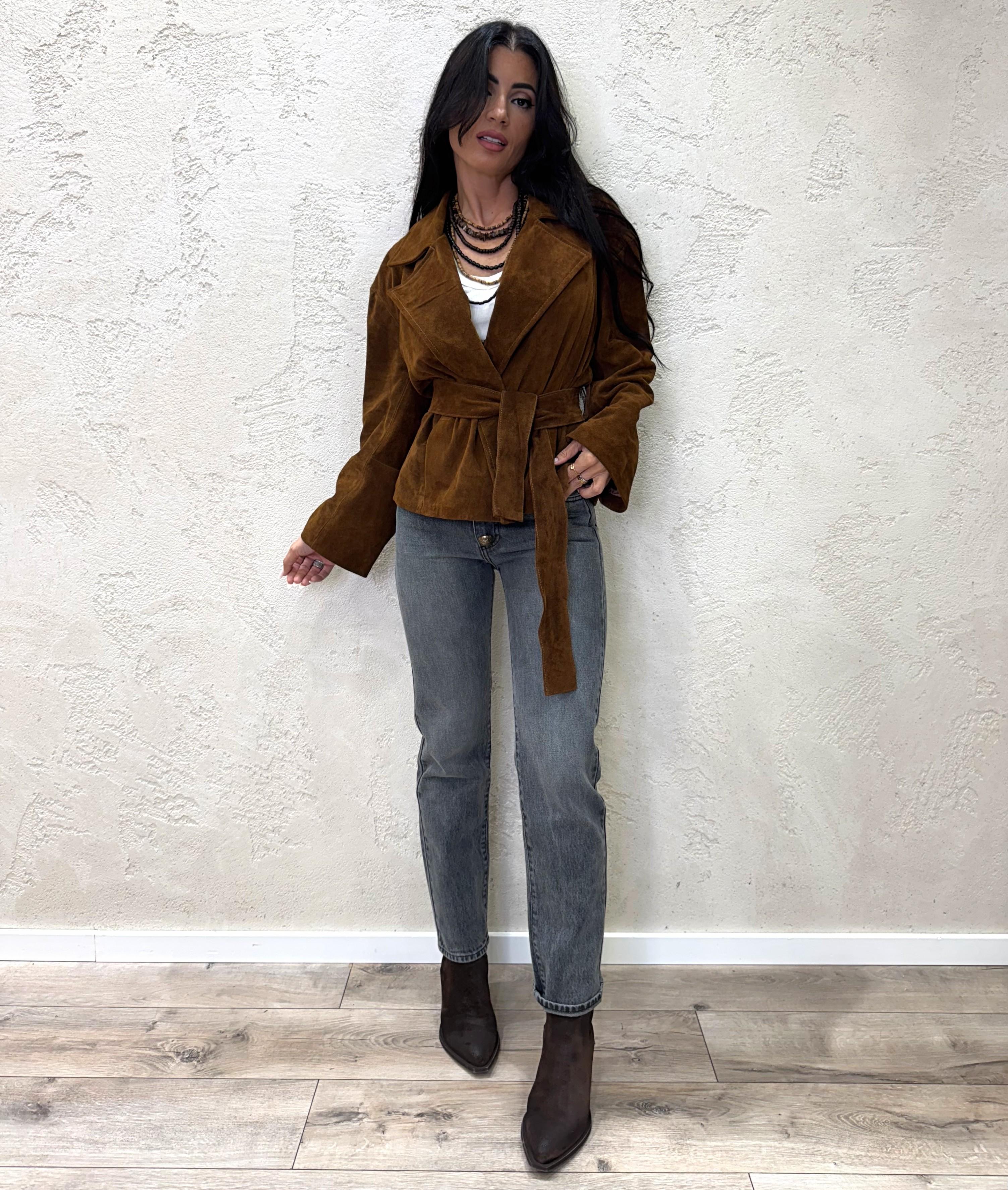 giubbino in vera pelle scamosciata con cintura TF0269 COGNAC VICOLO
