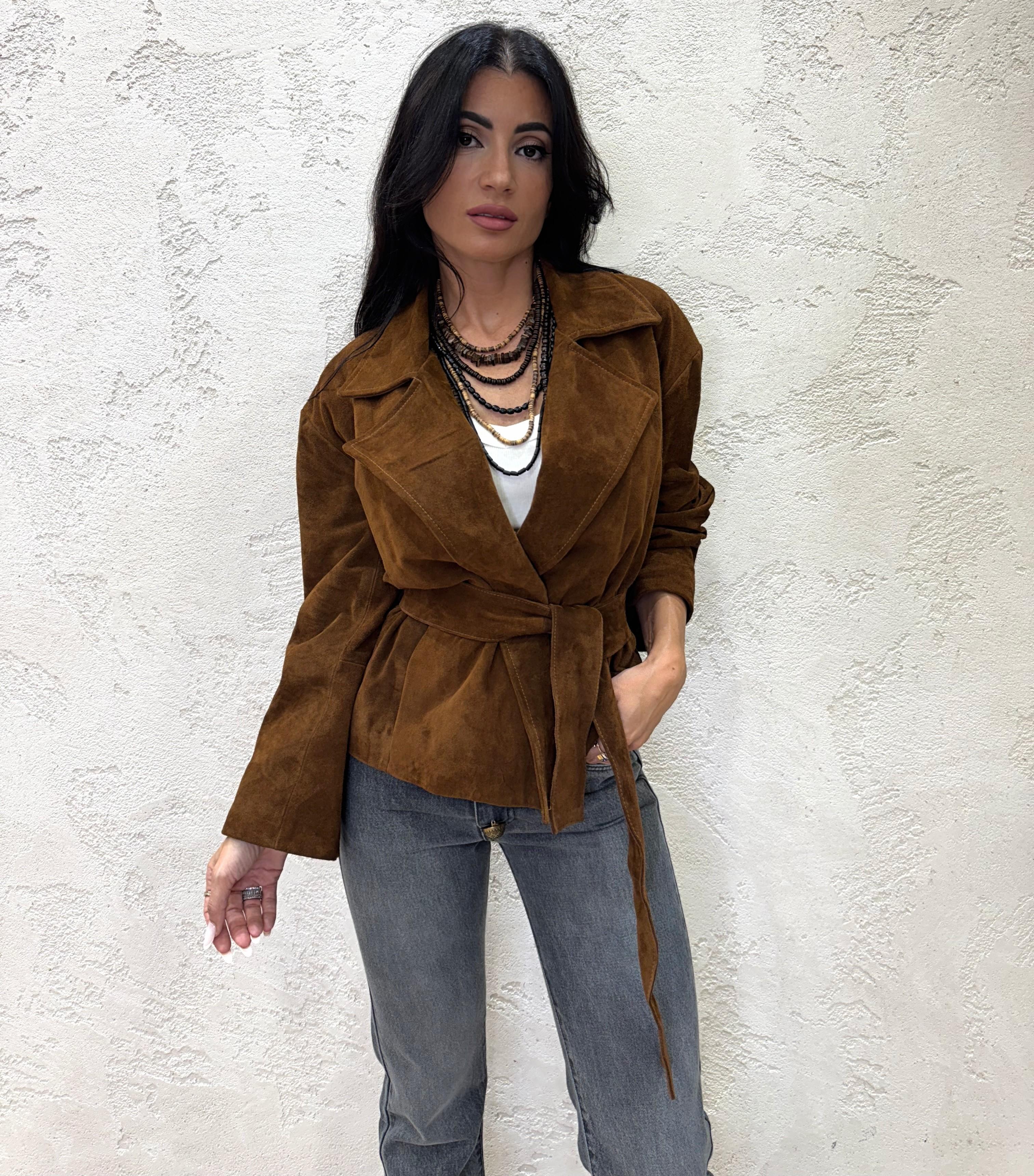 giubbino in vera pelle scamosciata con cintura TF0269 COGNAC VICOLO