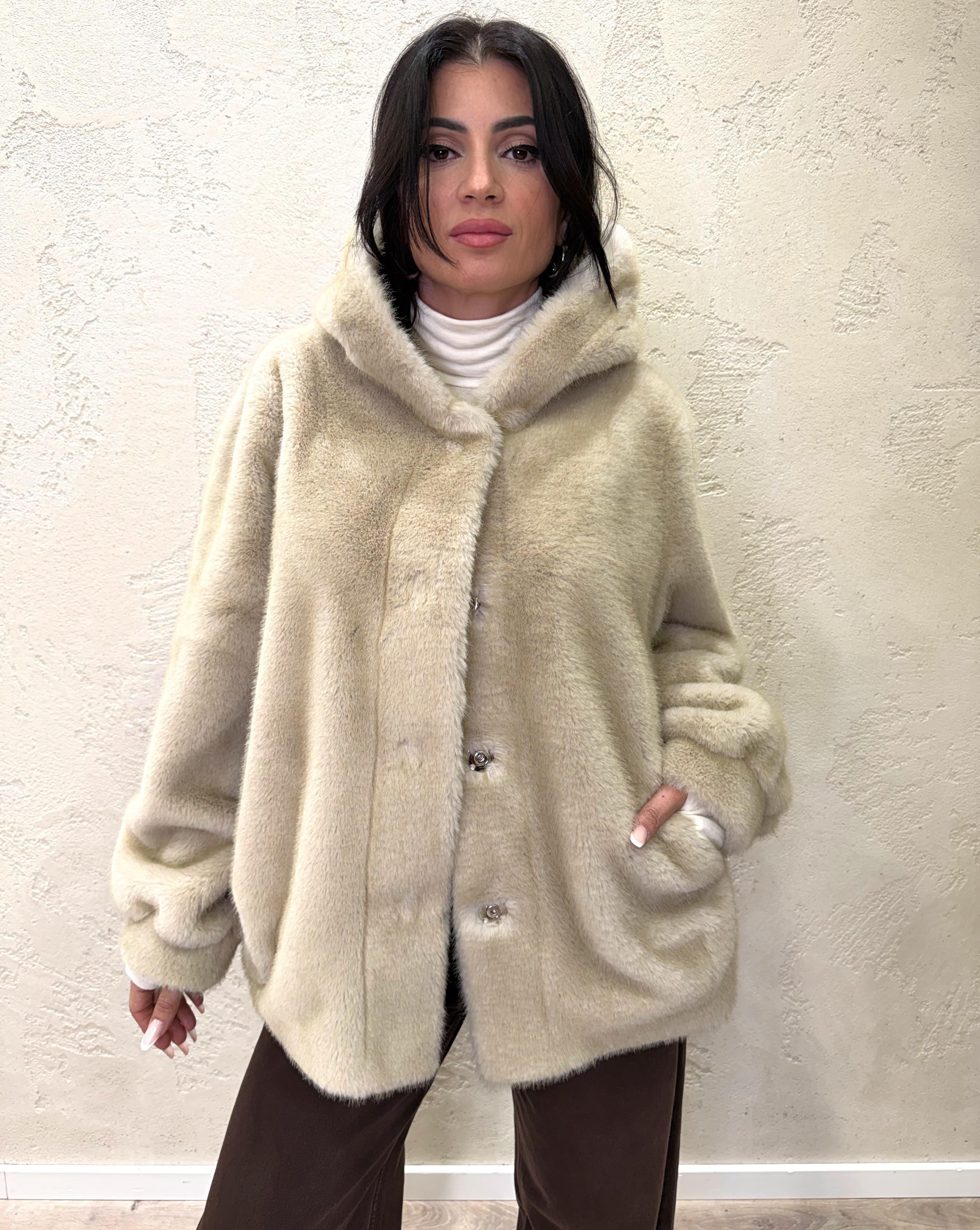 ecopelliccia pelo raso con cappuccio KDY-P034 NATURALE HAVEONE