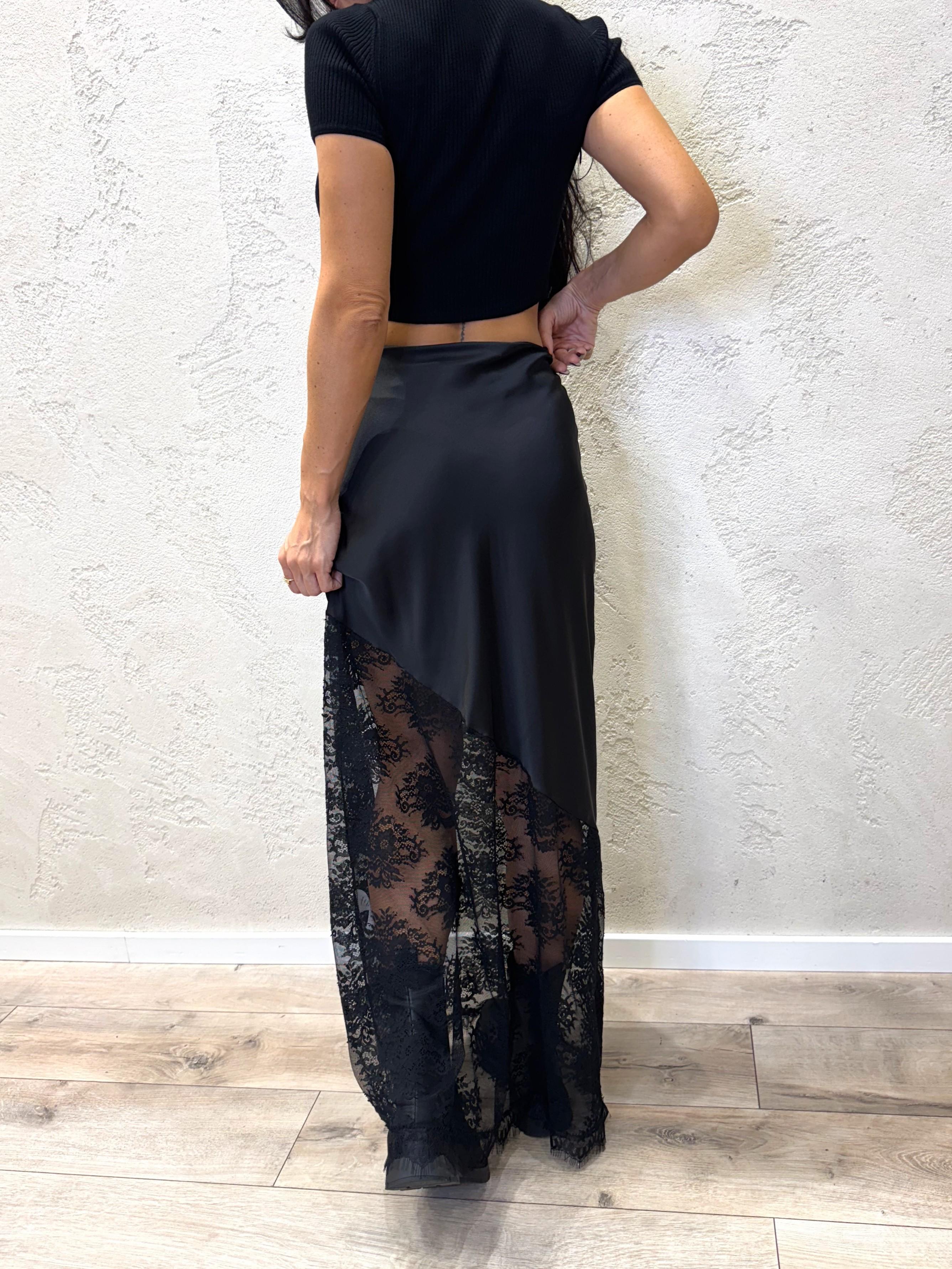 gonna lunga doppio tessuto satin e pizzo GMA-9064 NERO HAVEONE