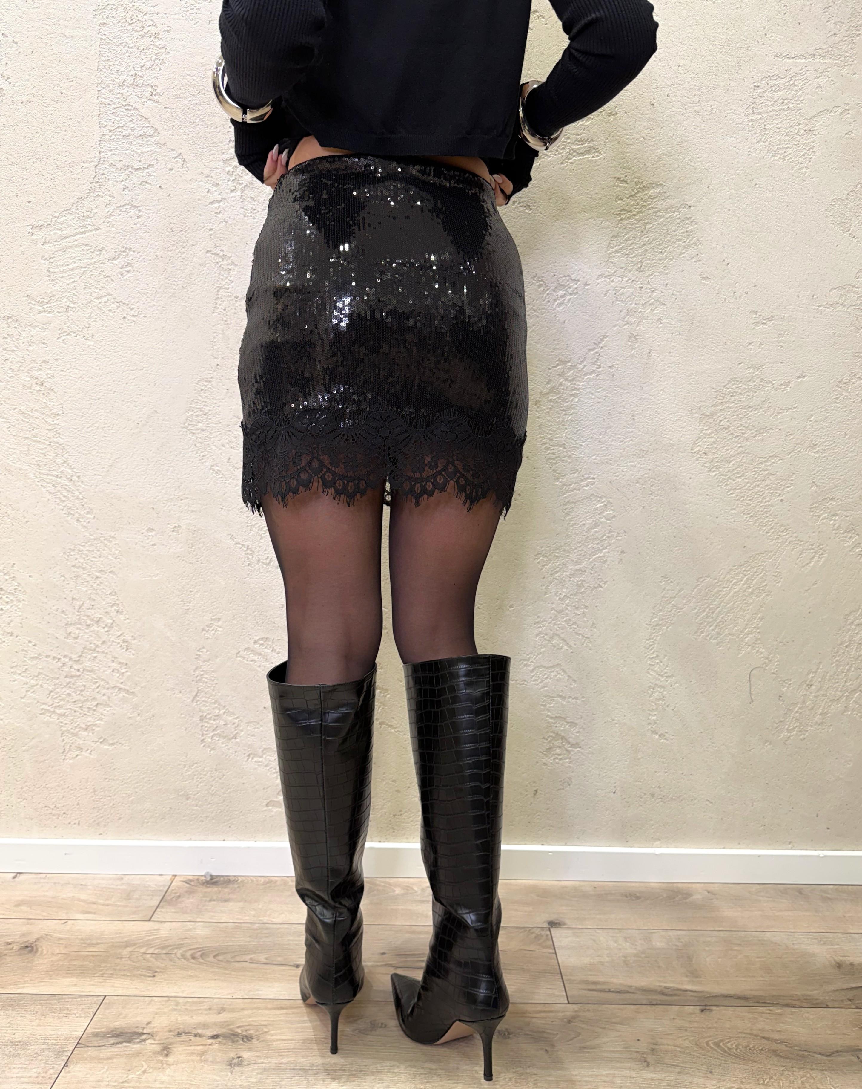 gonna mini in paillettes elasticizzata con inserto in pizzo GMA-P116 NERO HAVEONE
