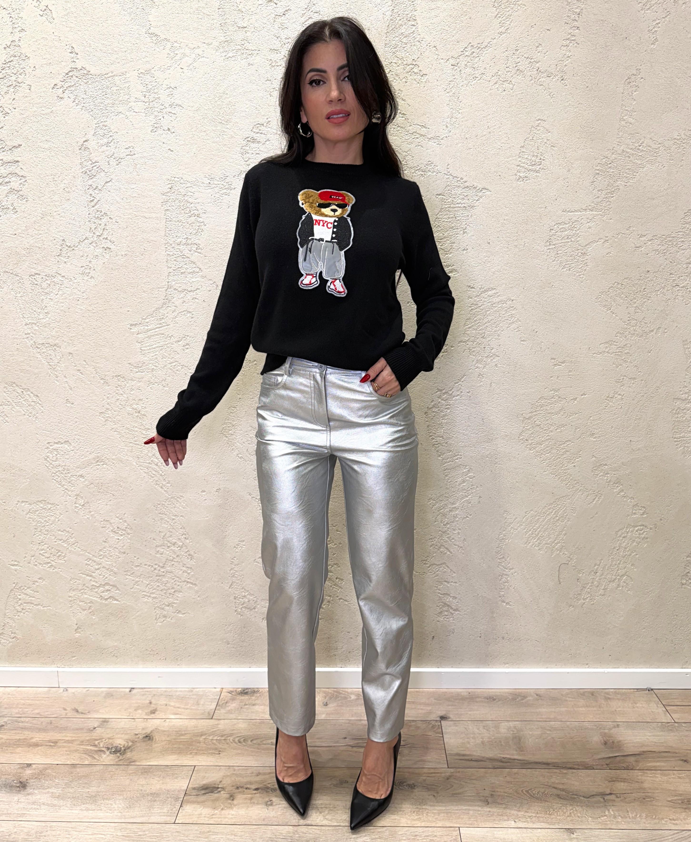pantalone a gamba dritta in ecopelle martellata effetto laminato 225092-1 ARGENTO TENSIONE IN