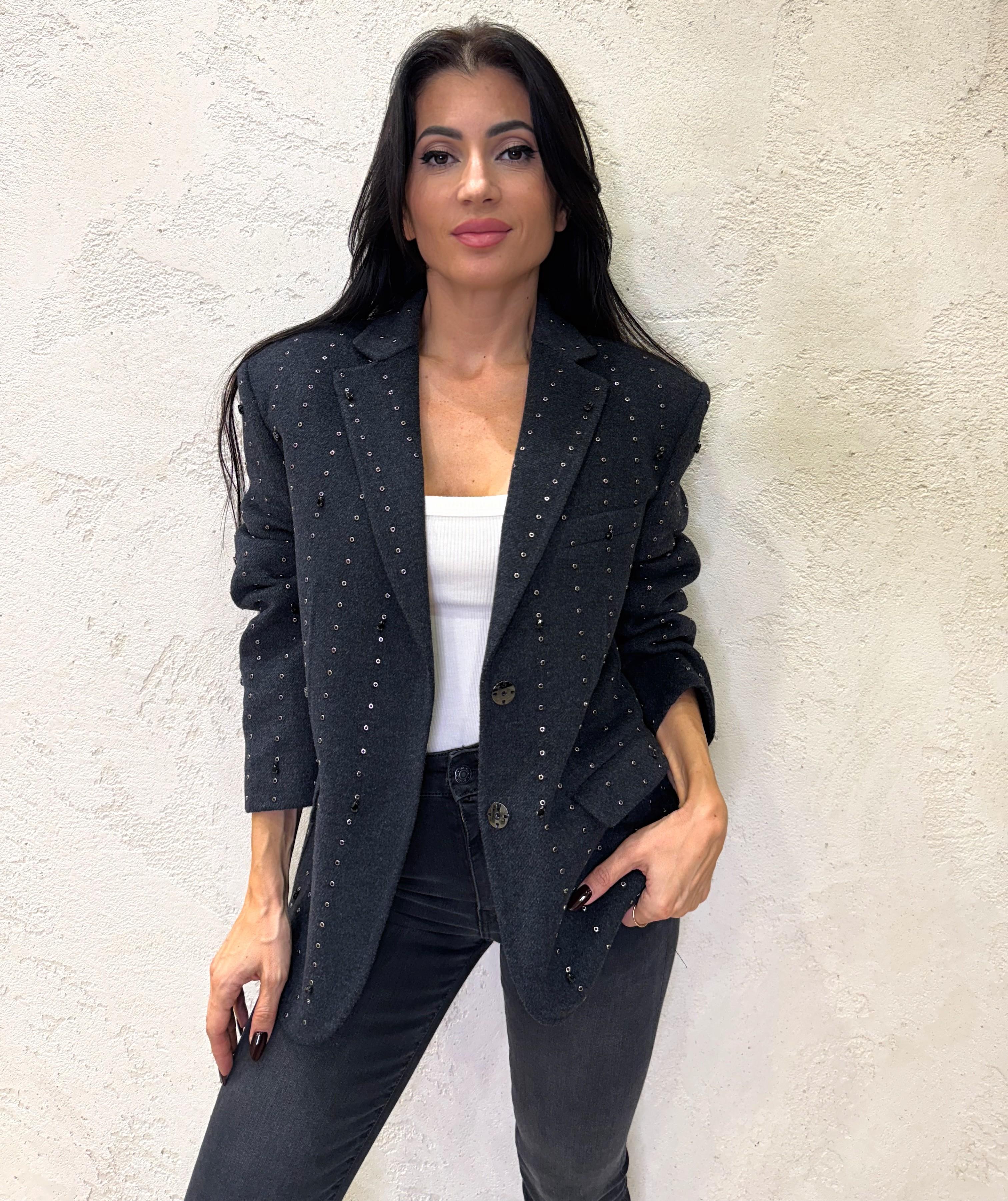 cappotto HAND MADE over misto lana con borchiette e strass TF0032 ANTRACITE VICOLO