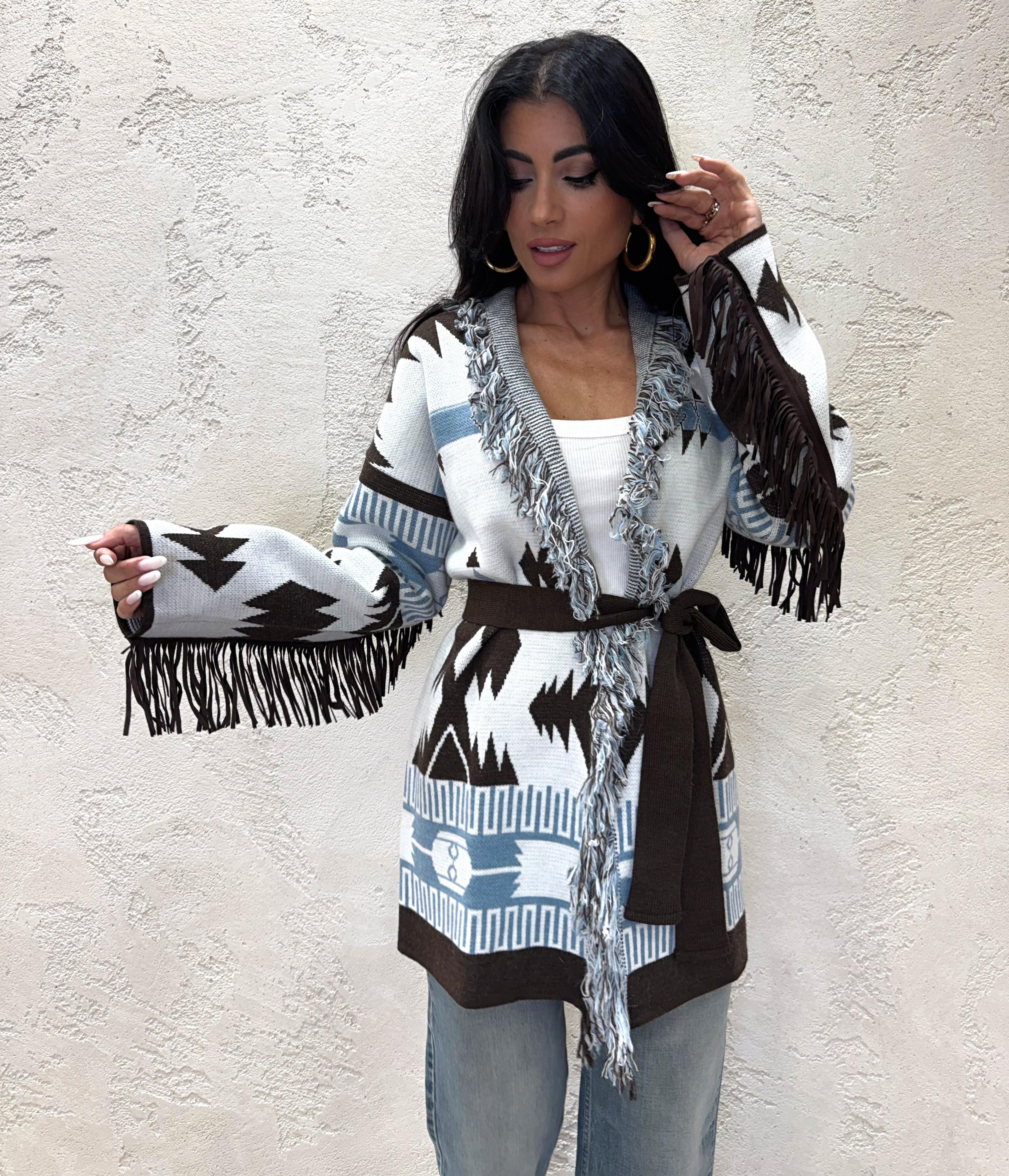 cardigan con frange in misto lana e alpaca 77190F MORO/AZZURRO VICOLO