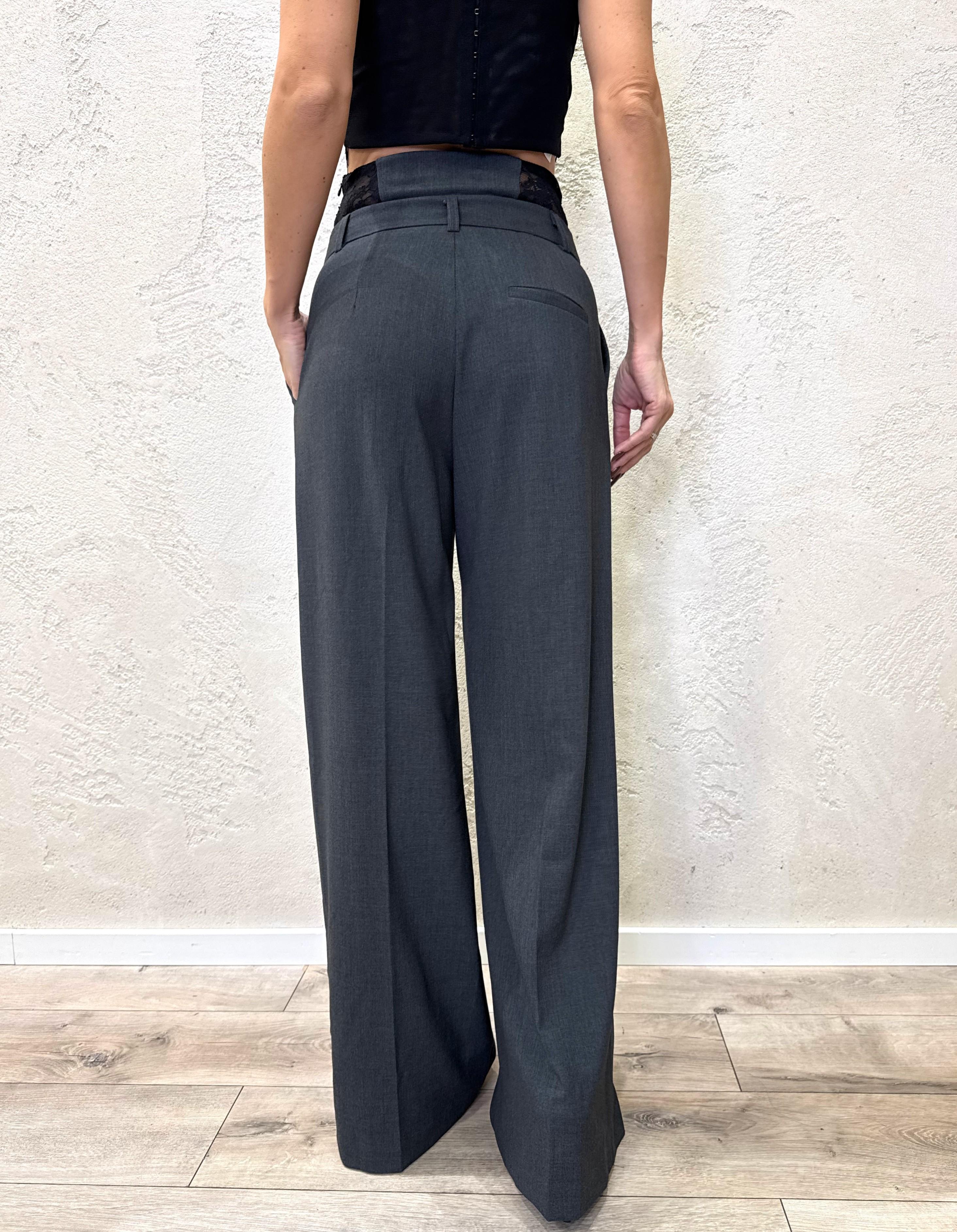 pantalone palazzo con inserto coulotte pizzo P6C3KFU PIOMBO IMPERIAL