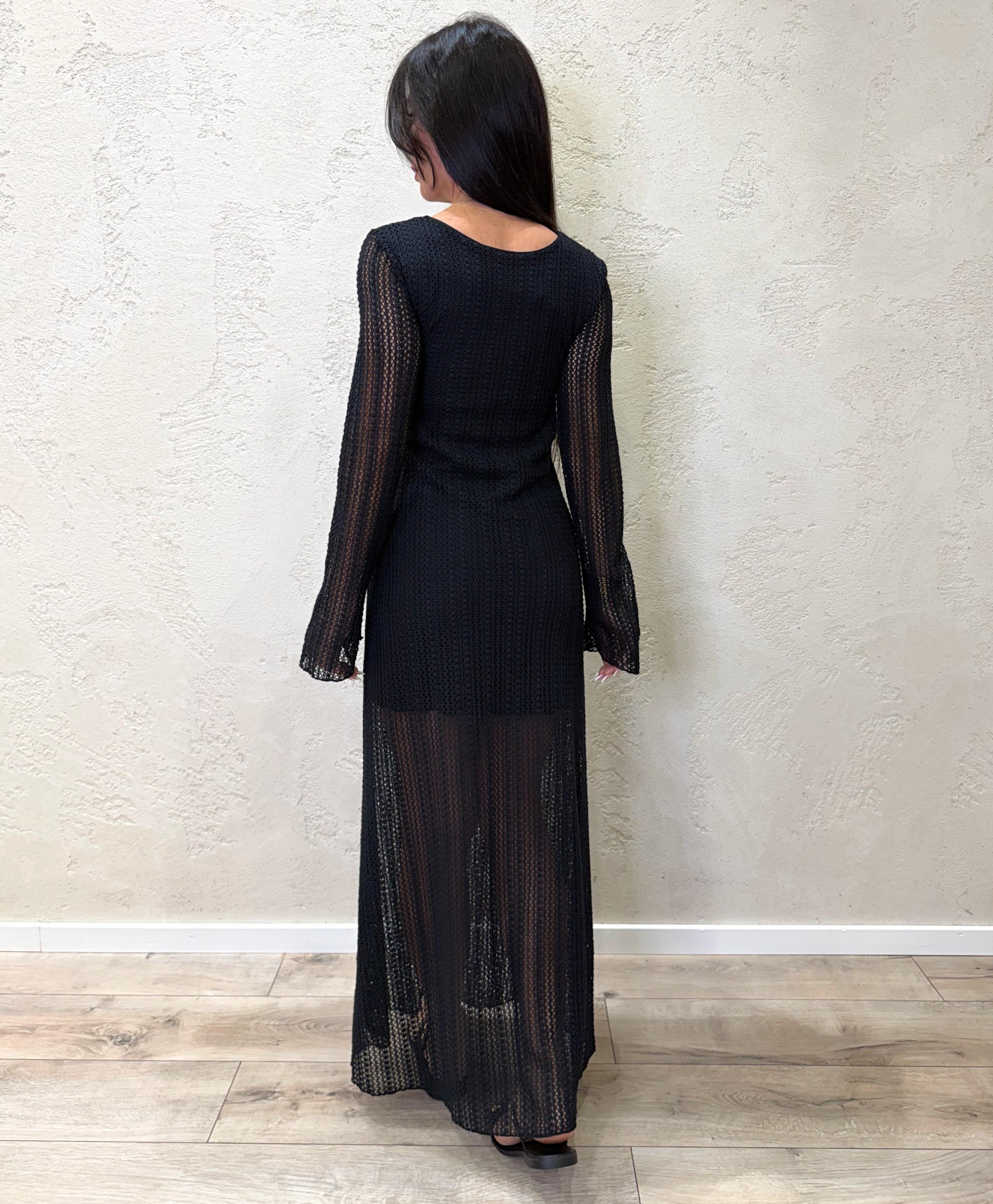 abito lungo crochet con cut out e accessorio AMA-Q047 NERO HAVEONE