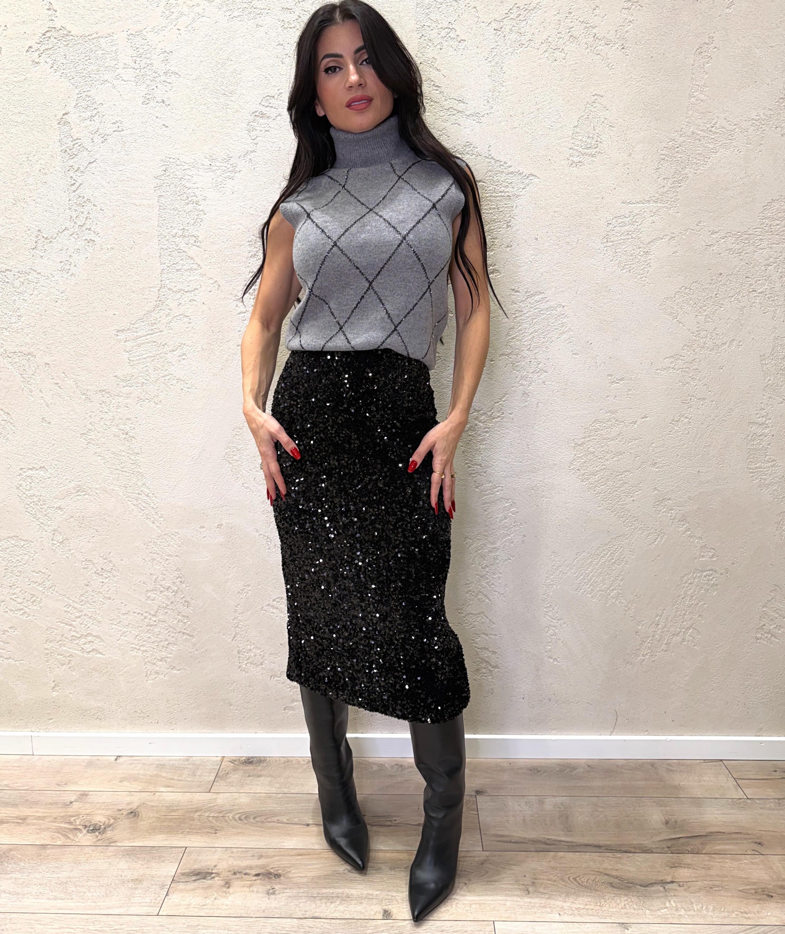 gonna midi in velluto con pailettes TF0120 NERO VICOLO