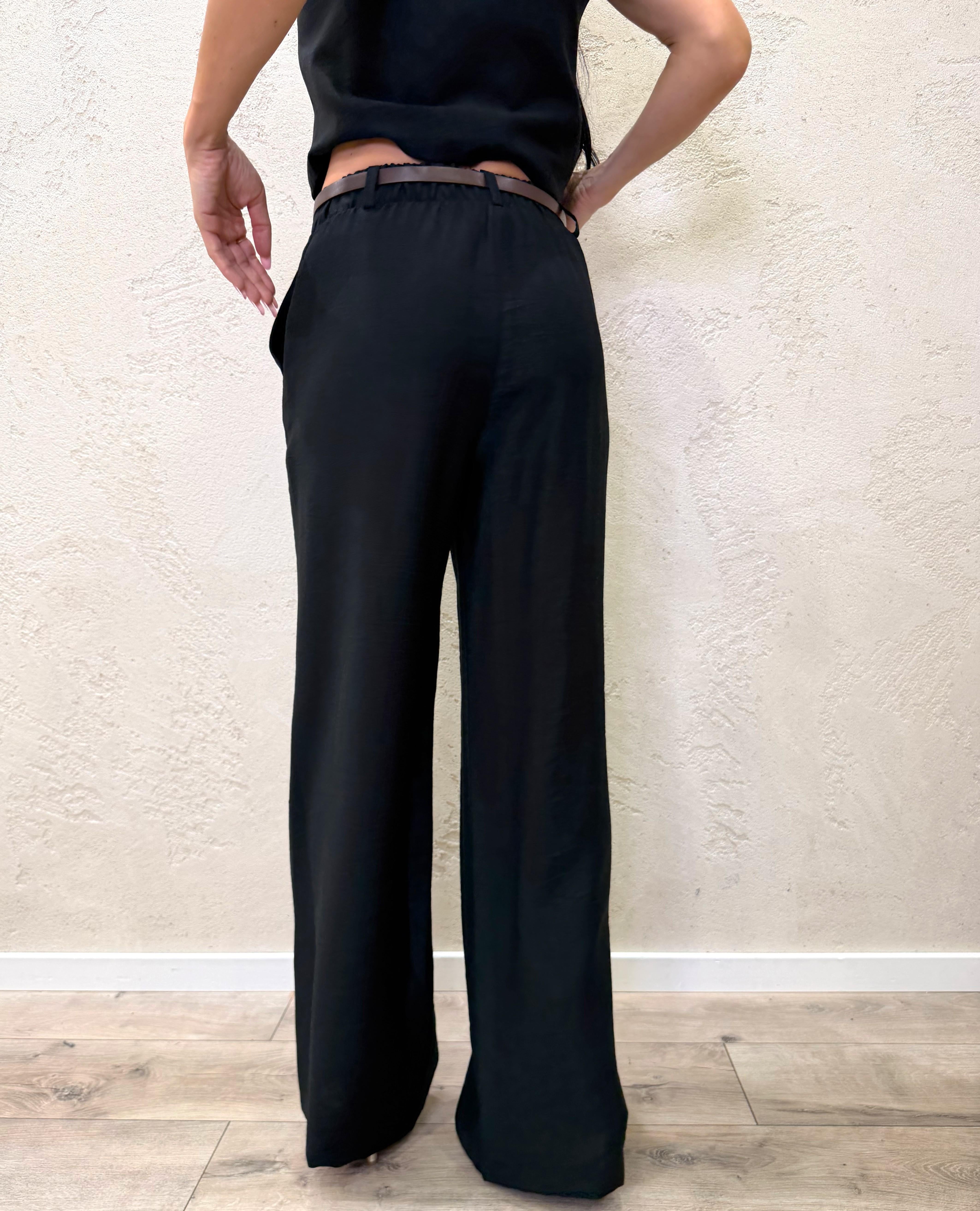 pantalone fluido a palazzo con cintura integrata PIA-Q532 NERO HAVEONE