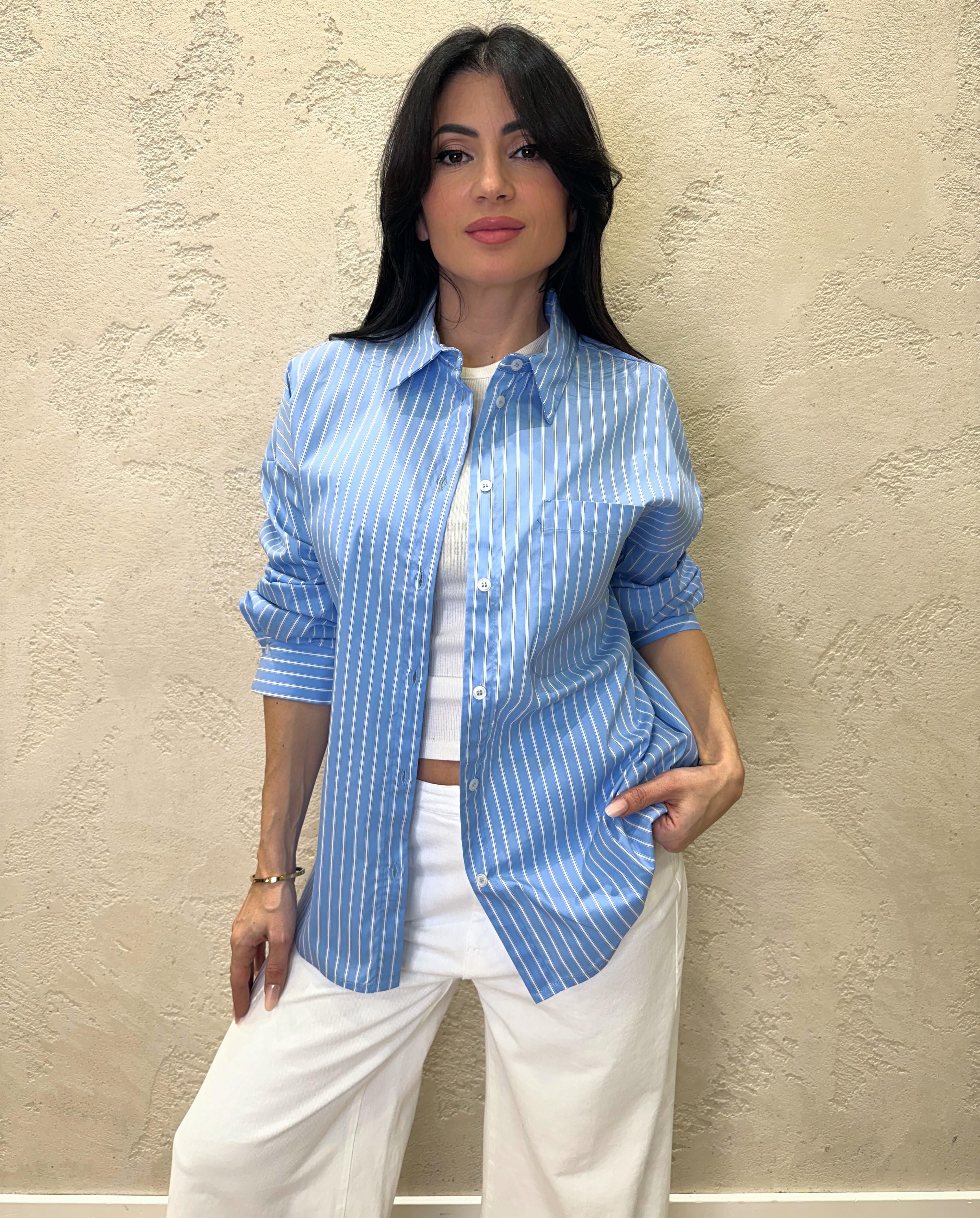 camicia over gessata con stampa sul retro CFLS1H0S CELESTE DIXIE