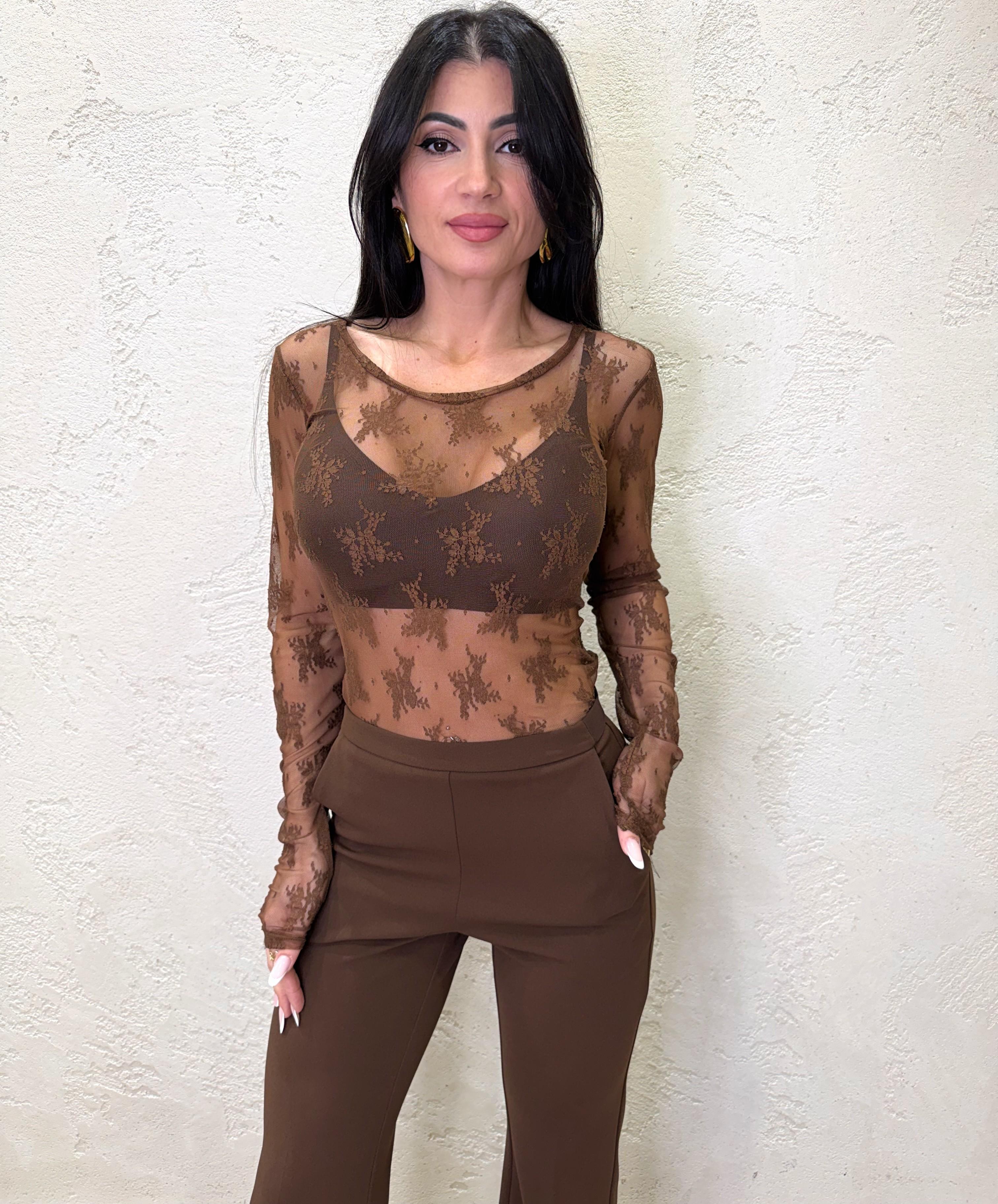 maglia in pizzo elasticizzata TW91LMX CACAO IMPERIAL