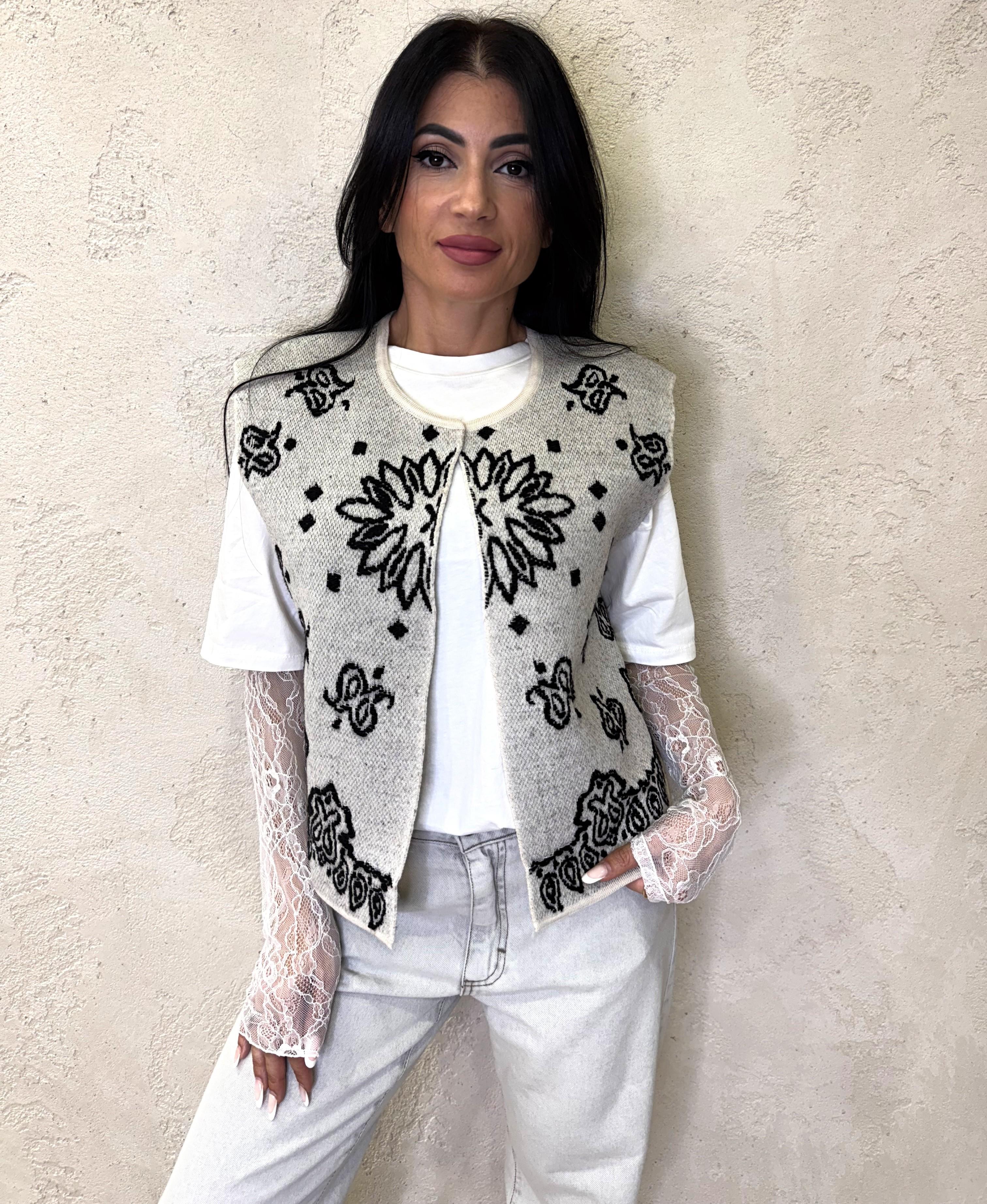 gilet in misto lana e alpaca con ricamo WSHMG61A400 GRIGIO/NERO TENSIONE IN