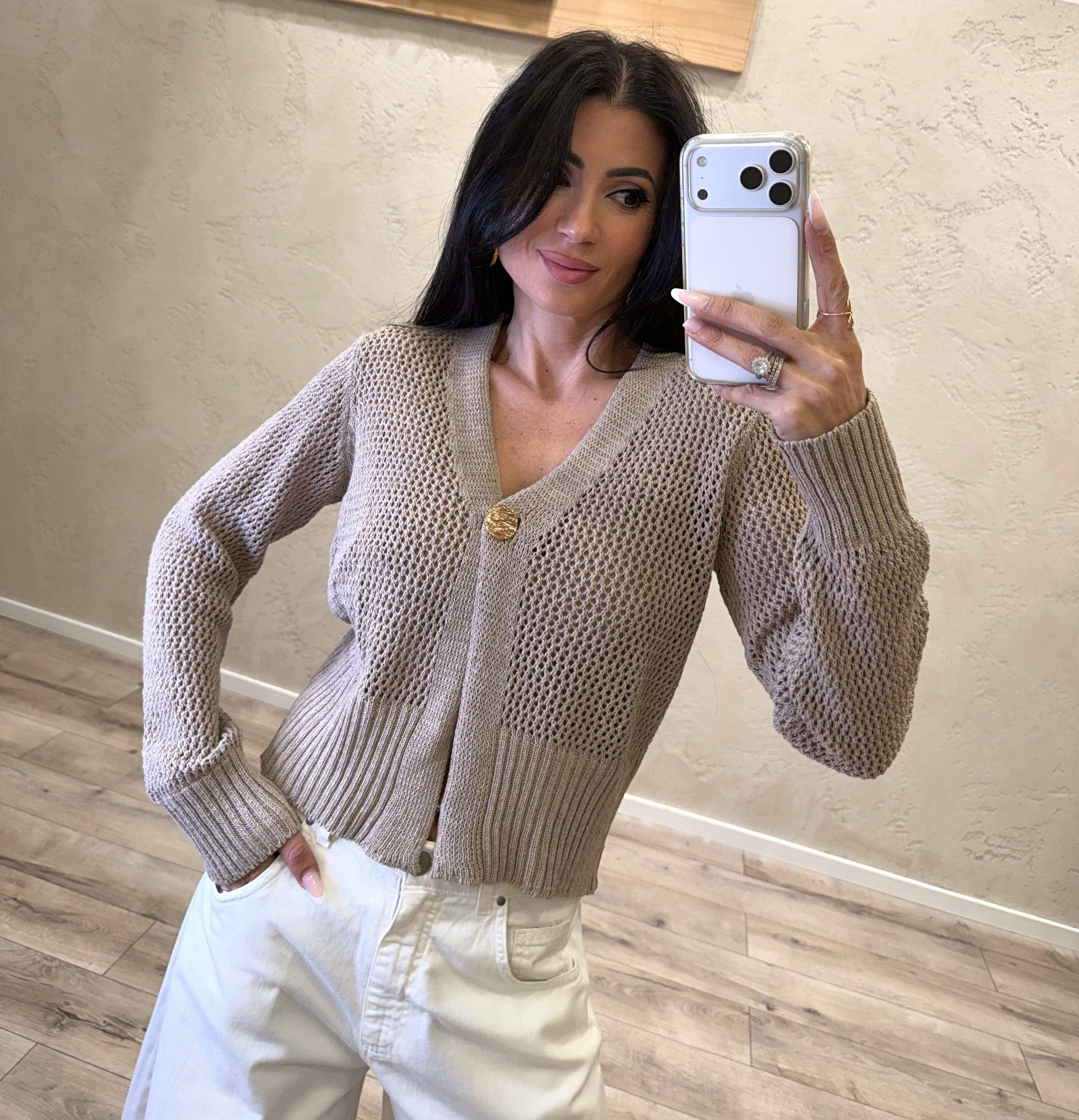 cardigan in maglia traforato con bottone singolo 26216 CORDA SUSY MIX