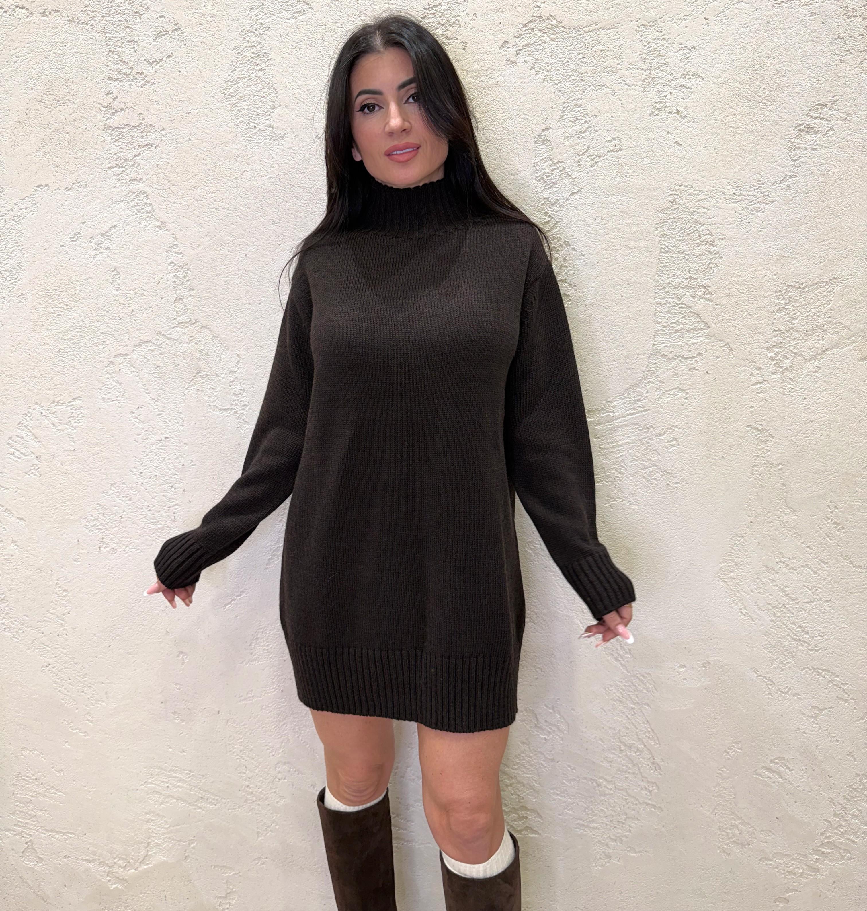 abito mini misto lana mezzo collo D82035 MORO TENSIONE IN