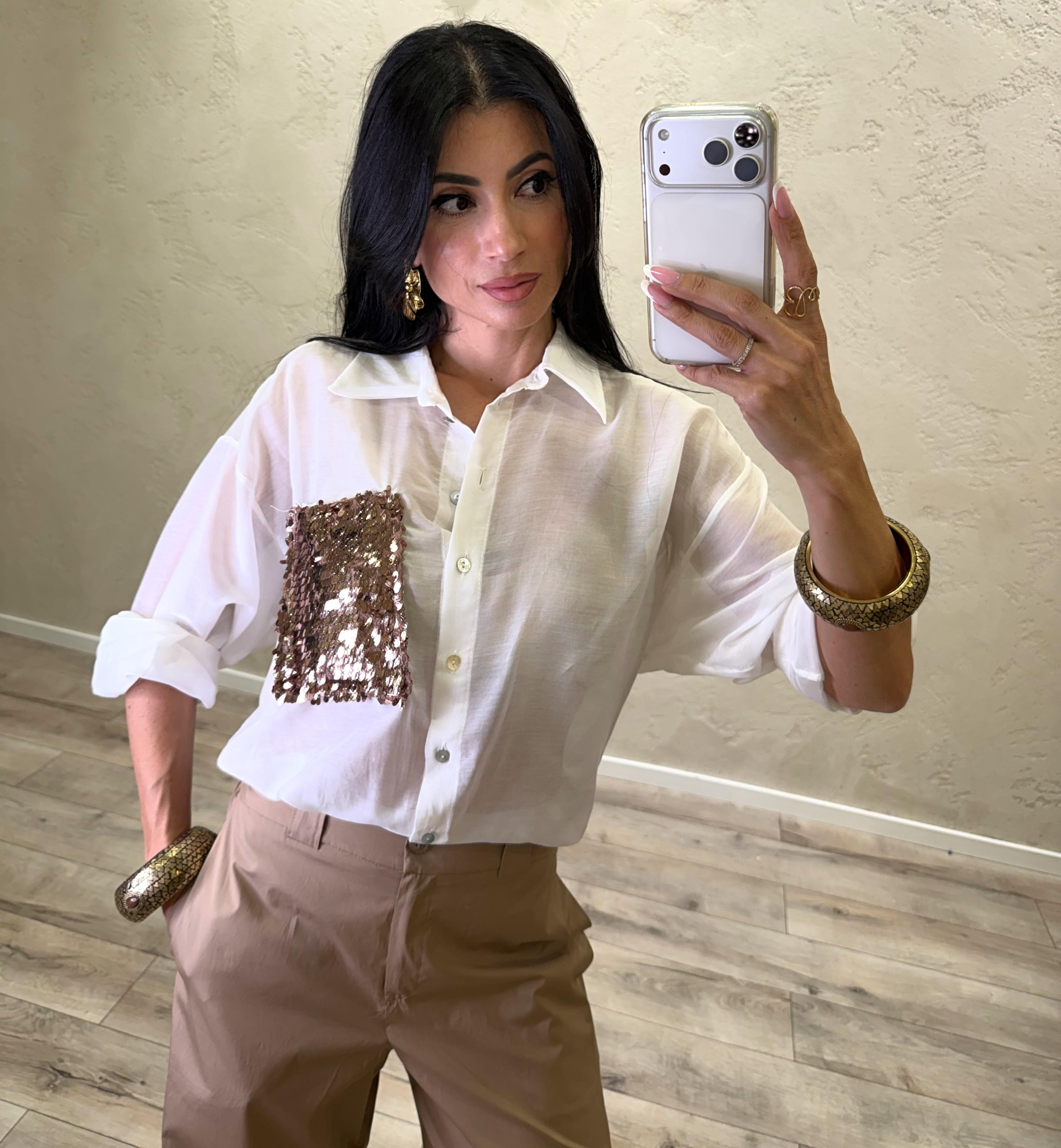 camicia in misto seta con tasca pailettes S26CG26 PANNA TENSIONE IN