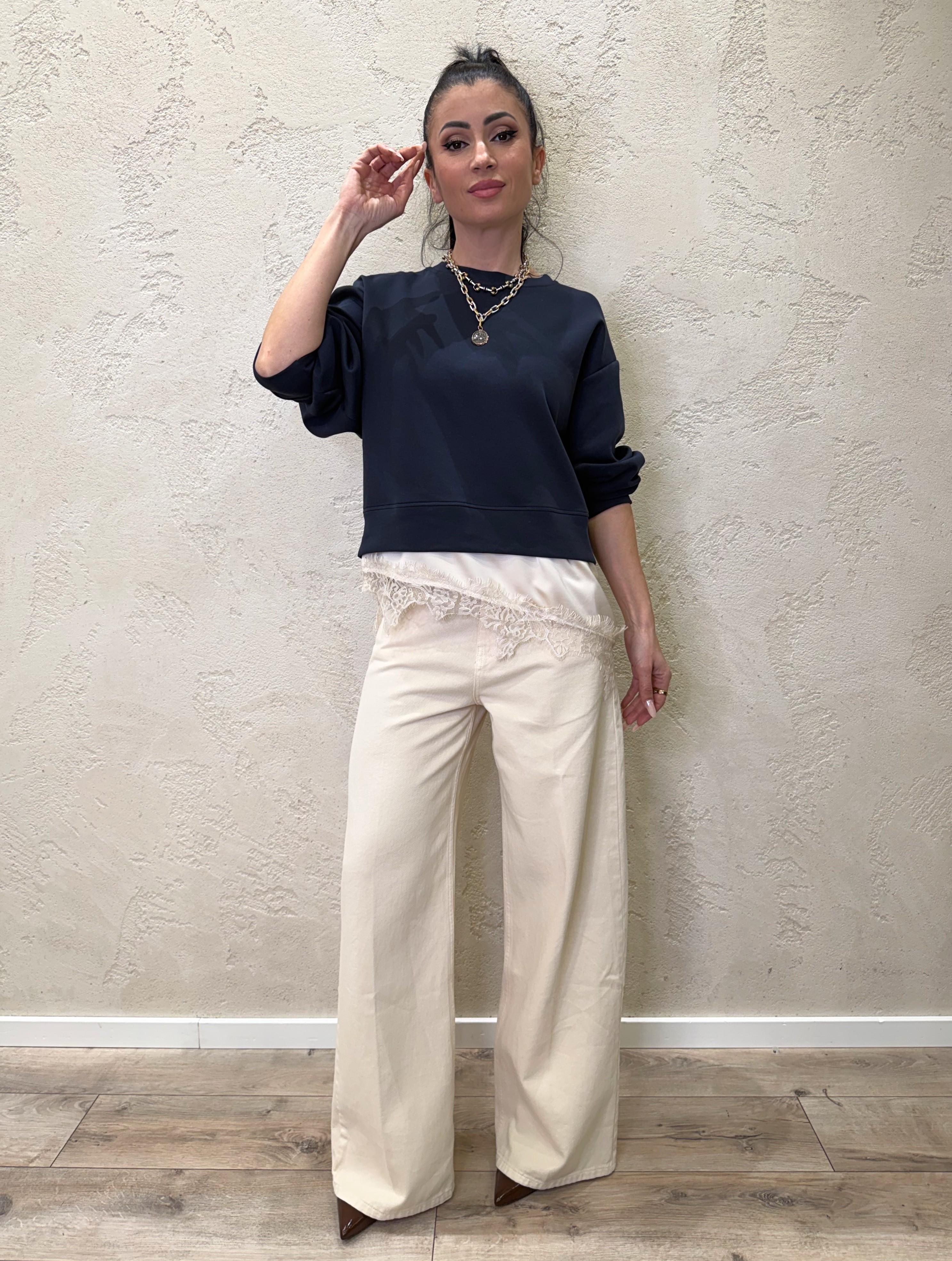 felpa over in doppio tessuto con orlo asimettrico in pizzo FJK-Q038 BLU HAVEONE